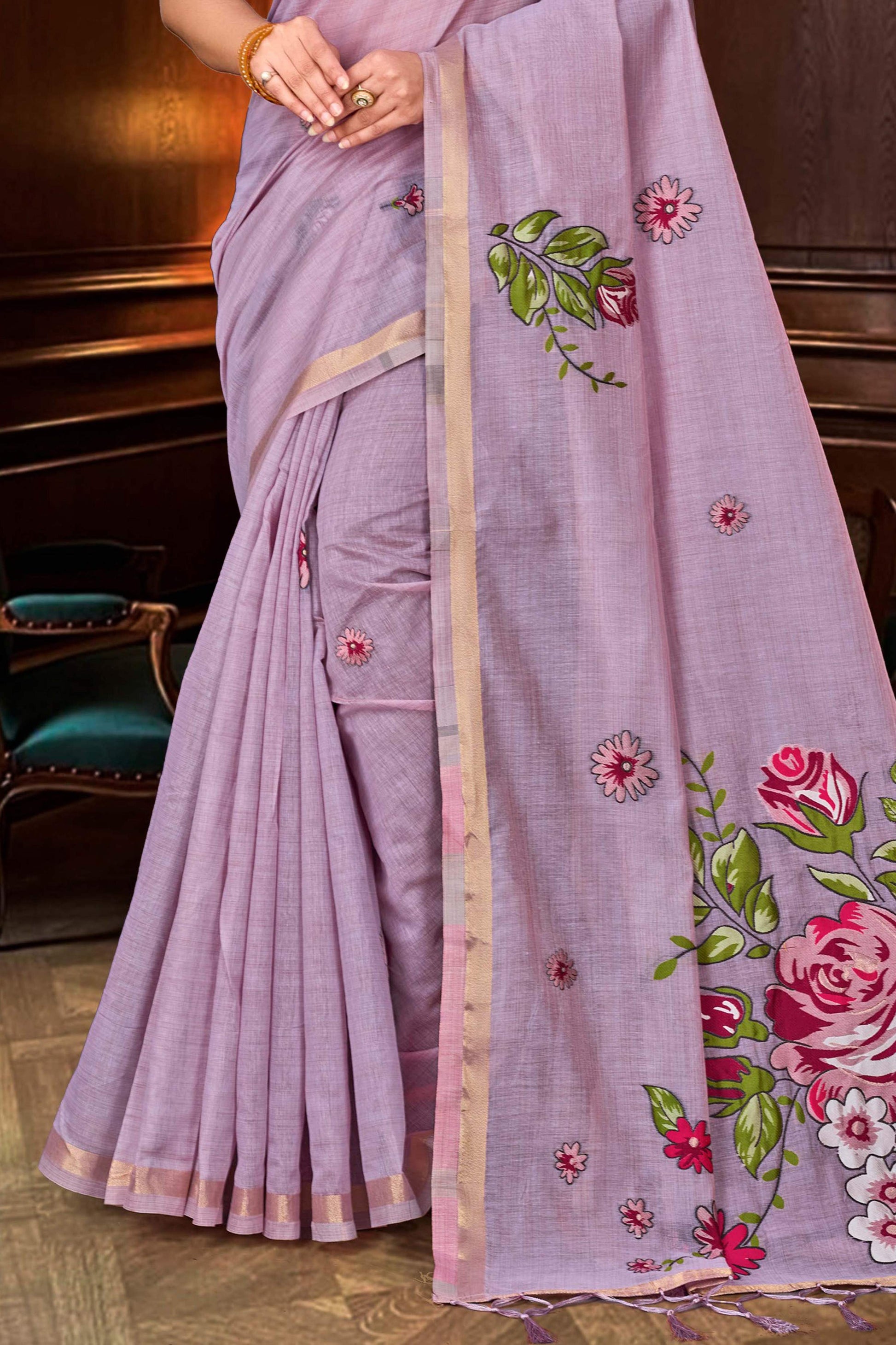 Sangam Prints Lavender Cotton Blend Woven Work Traditional Saree - Dista