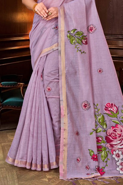 Sangam Prints Lavender Cotton Blend Woven Work Traditional Saree - Dista