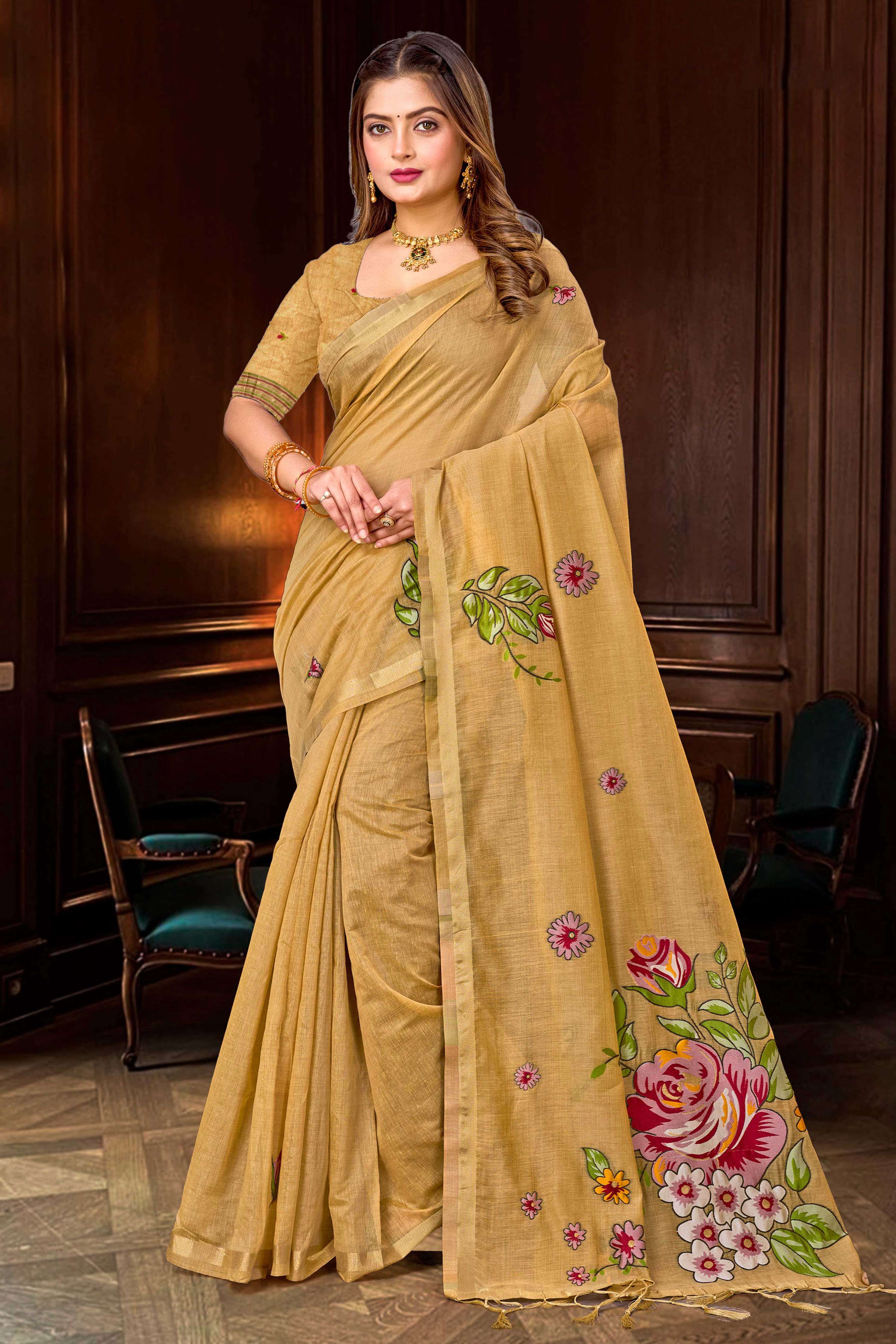 Sangam Prints Beige Gold Cotton Blend Woven Work Traditional Saree - Dista