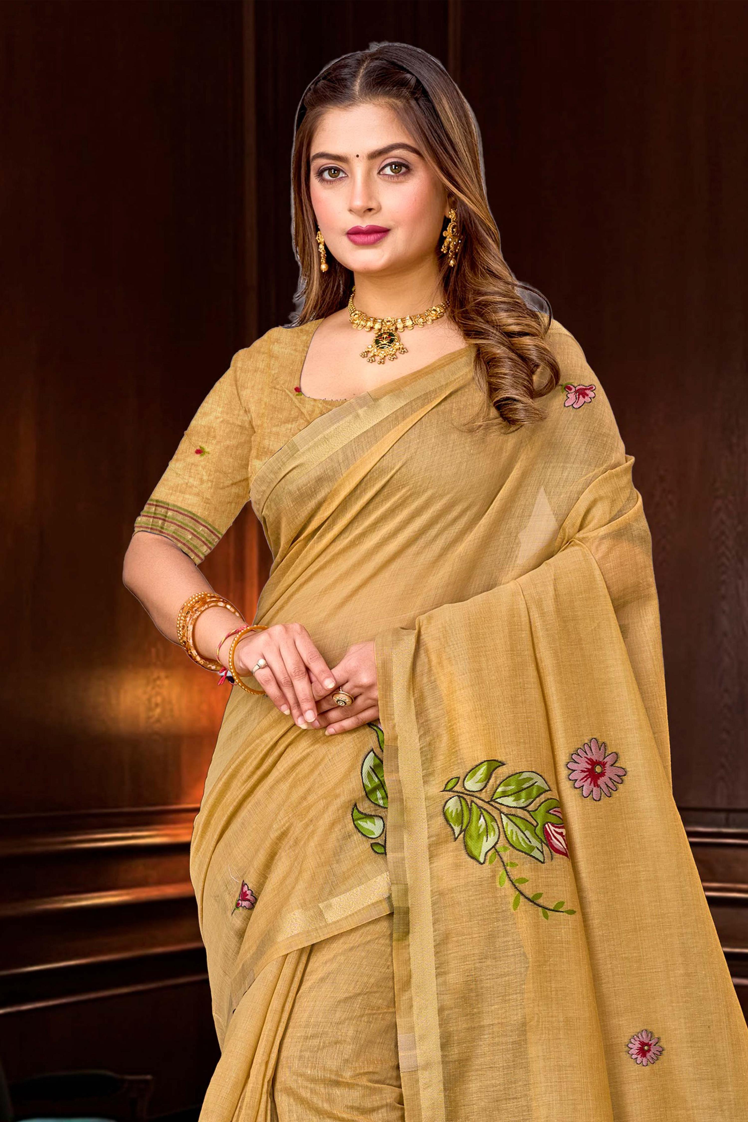 Sangam Prints Beige Gold Cotton Blend Woven Work Traditional Saree - Dista