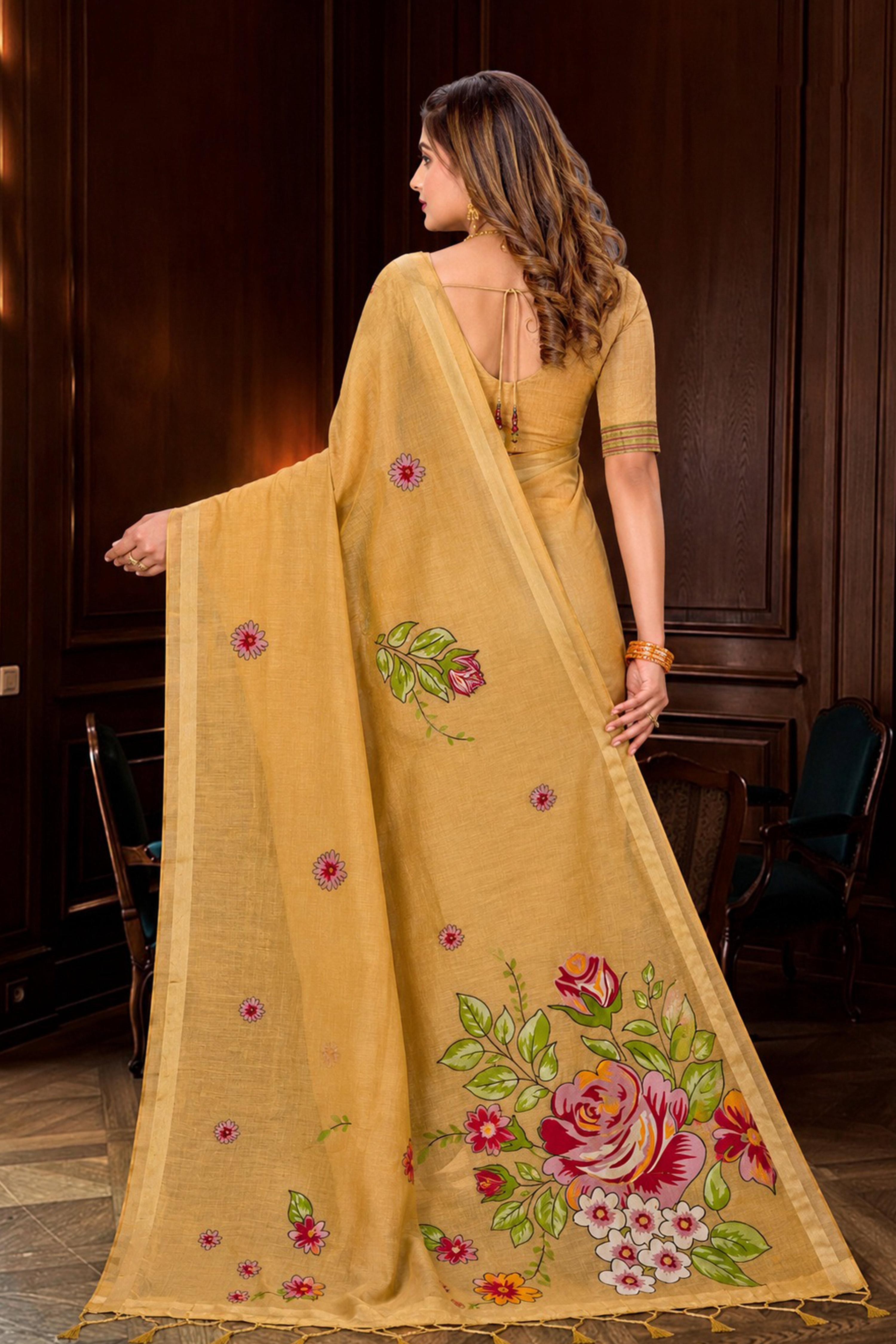 Sangam Prints Beige Gold Cotton Blend Woven Work Traditional Saree - Dista