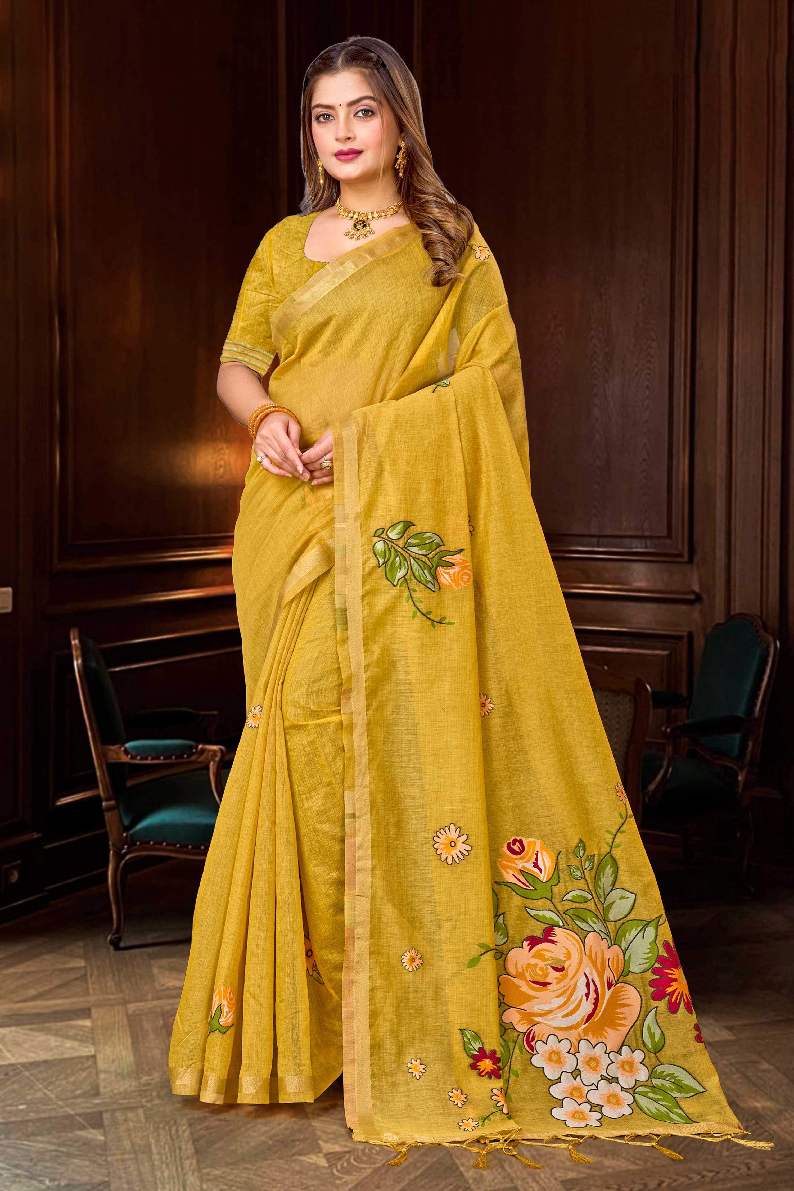 Sangam Prints Haldi Yellow Cotton Blend Woven Work Traditional Saree - Dista