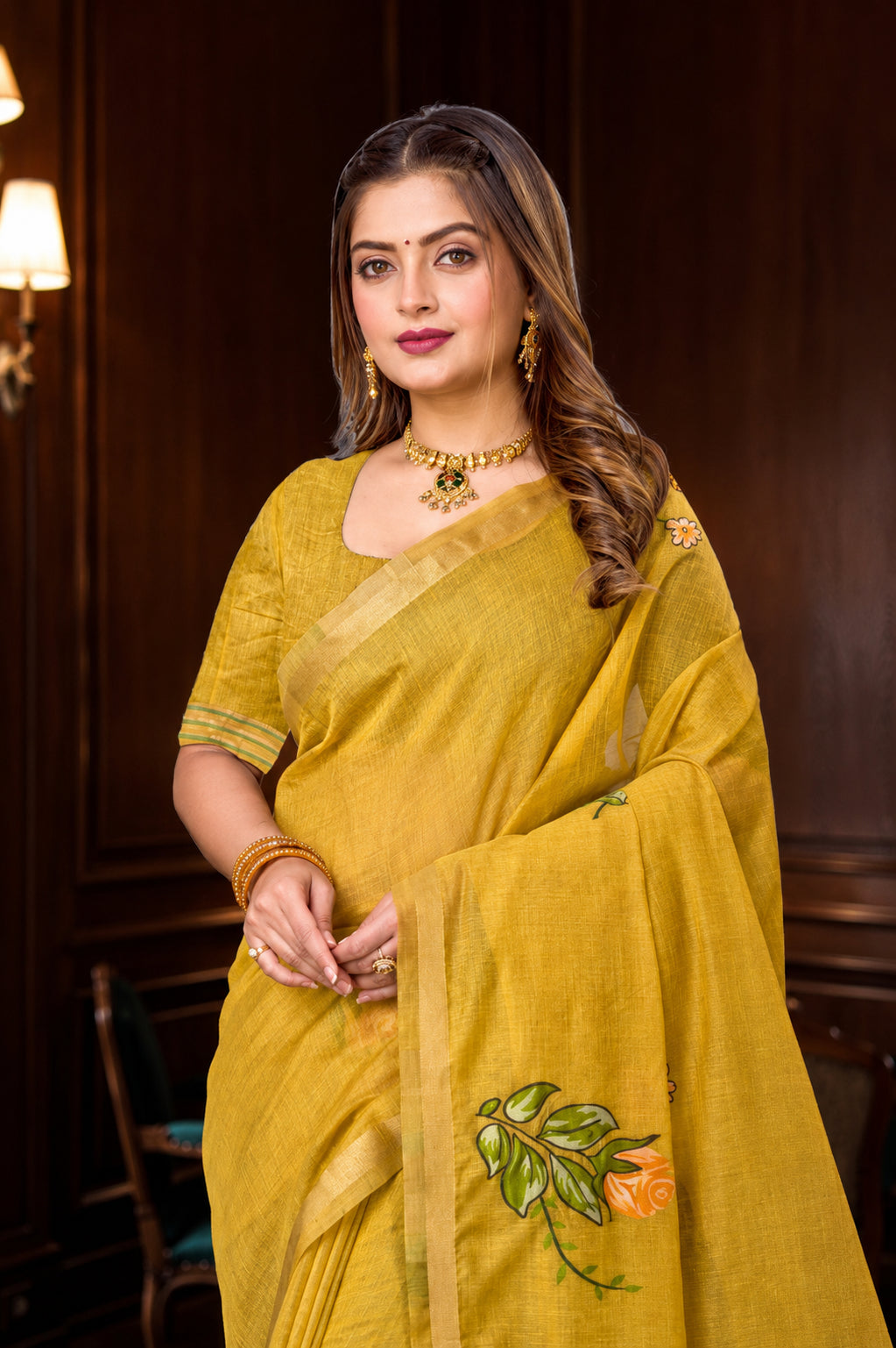 Sangam Prints Haldi Yellow Cotton Blend Woven Work Traditional Saree - Dista
