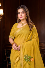 Thumbnail for Sangam Prints Haldi Yellow Cotton Blend Woven Work Traditional Saree - Dista