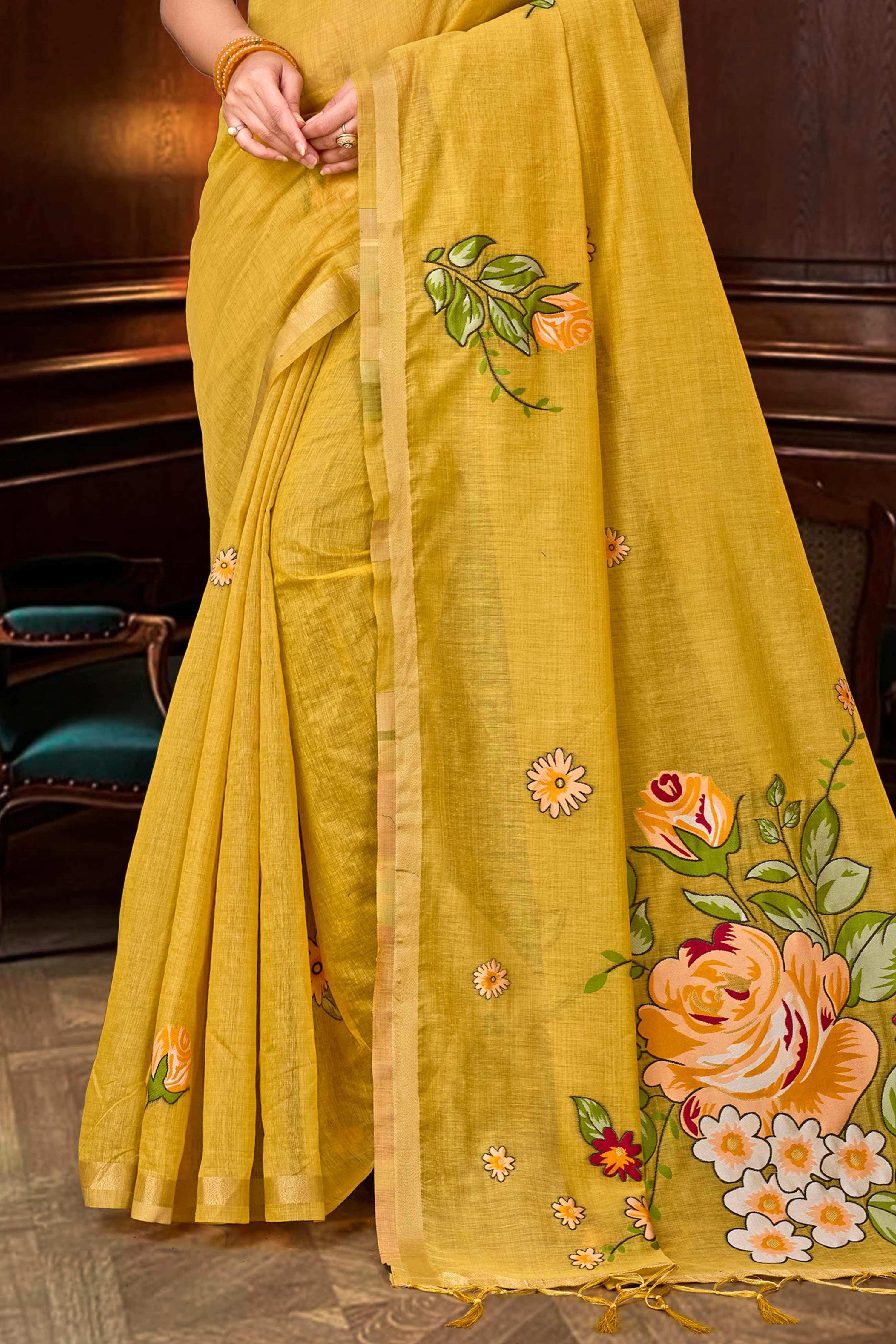 Sangam Prints Haldi Yellow Cotton Blend Woven Work Traditional Saree - Dista