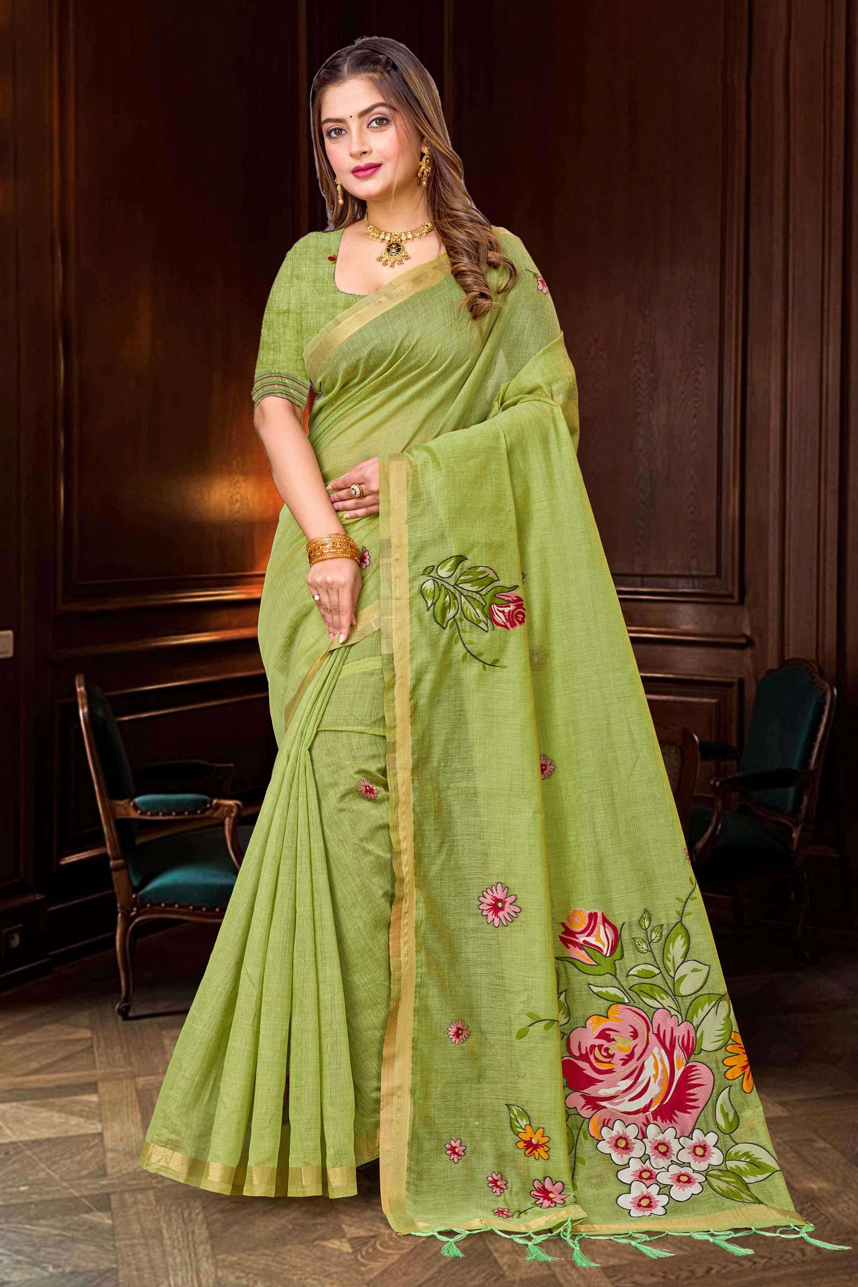Sangam Prints Green Cotton Blend Woven Work Traditional Saree - Dista