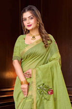 Thumbnail for Sangam Prints Green Cotton Blend Woven Work Traditional Saree - Dista