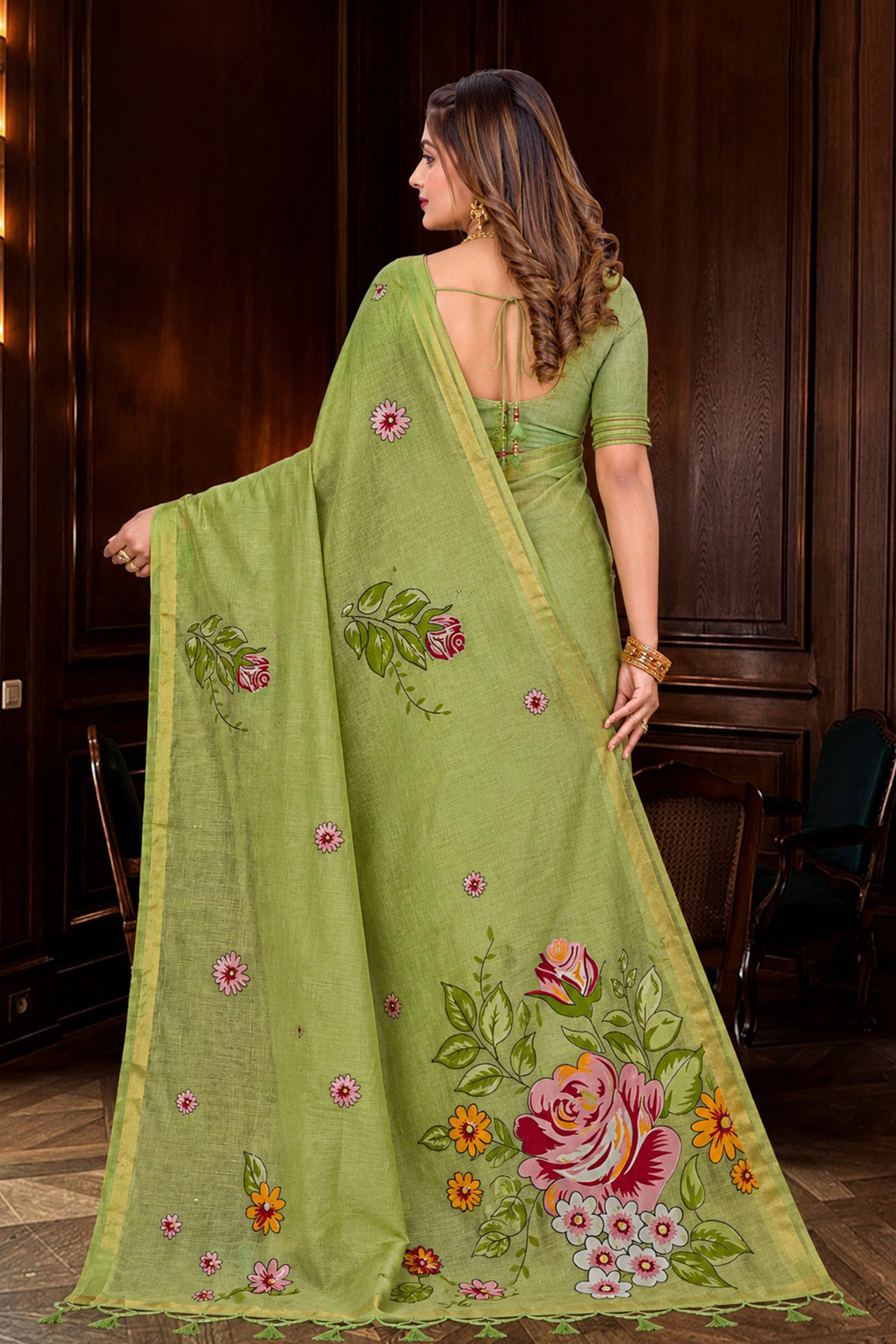 Sangam Prints Green Cotton Blend Woven Work Traditional Saree - Dista
