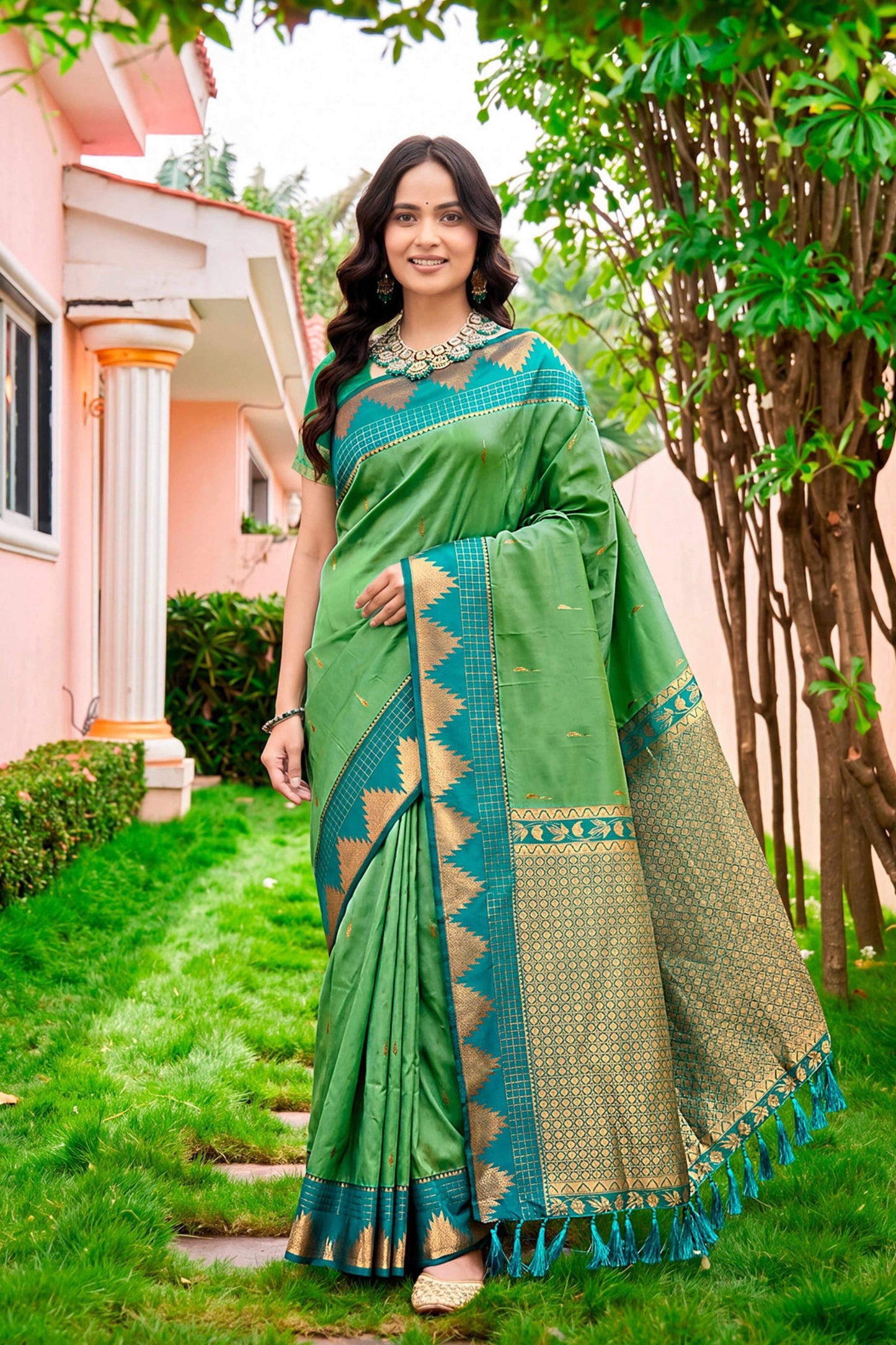 Sangam Prints Leaf Green Silk Woven Work Traditional Saree - Dista