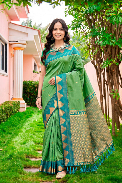 Sangam Prints Leaf Green Silk Woven Work Traditional Saree - Dista