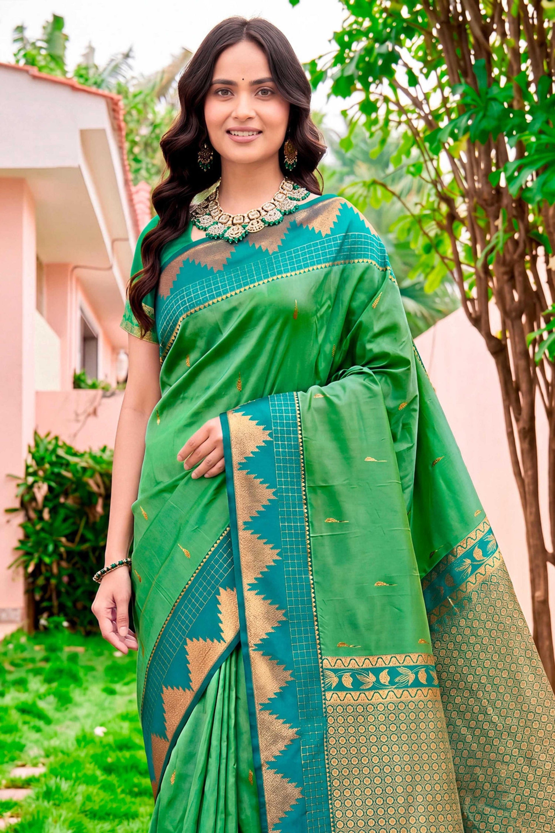 Sangam Prints Leaf Green Silk Woven Work Traditional Saree - Dista