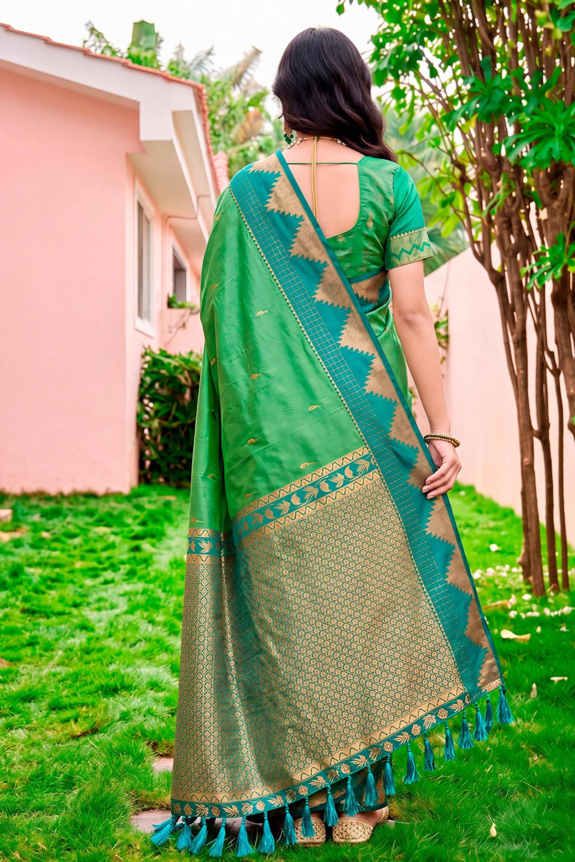 Sangam Prints Leaf Green Silk Woven Work Traditional Saree - Dista