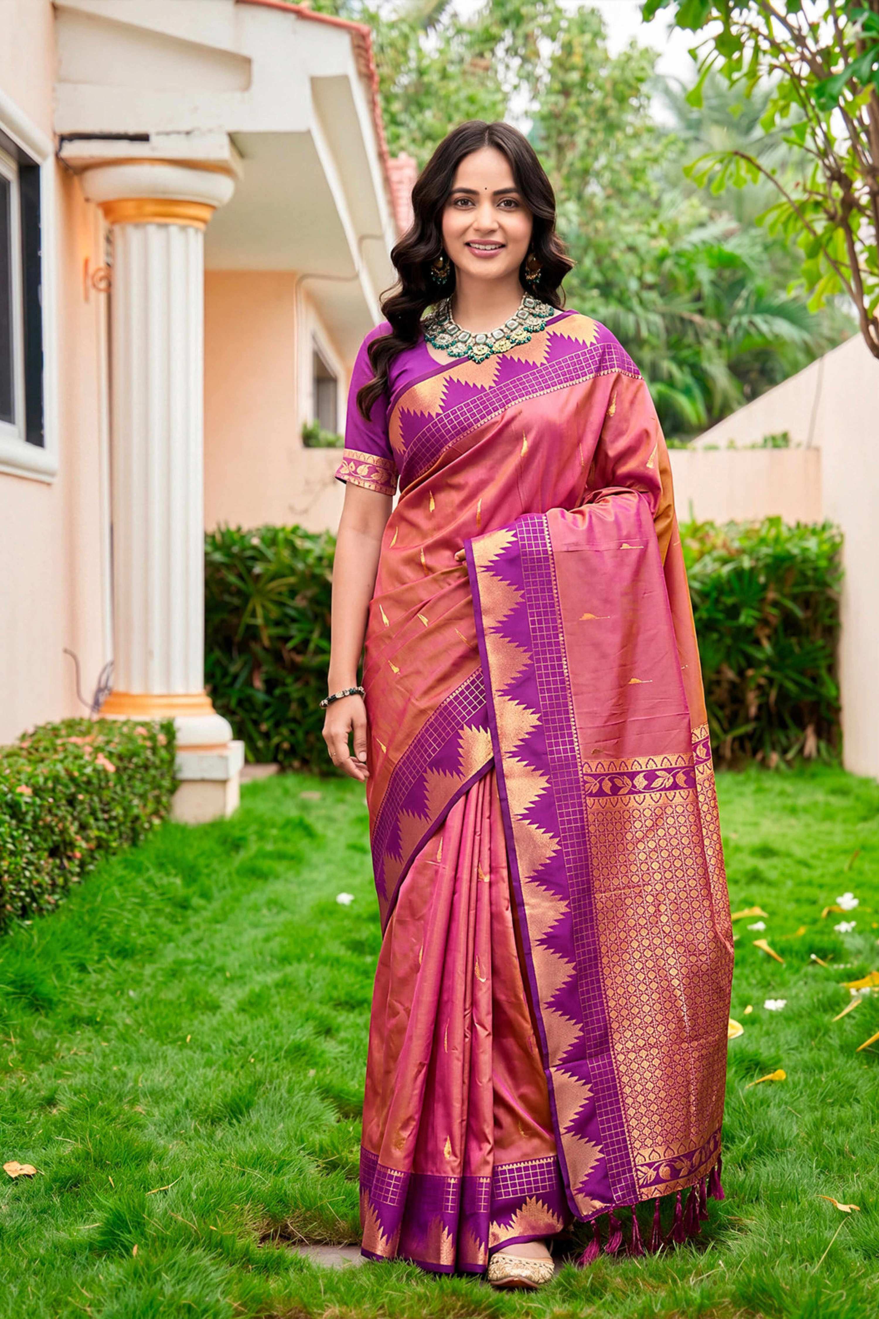 Sangam Prints Rose Pink Silk Woven Work Traditional Saree - Dista