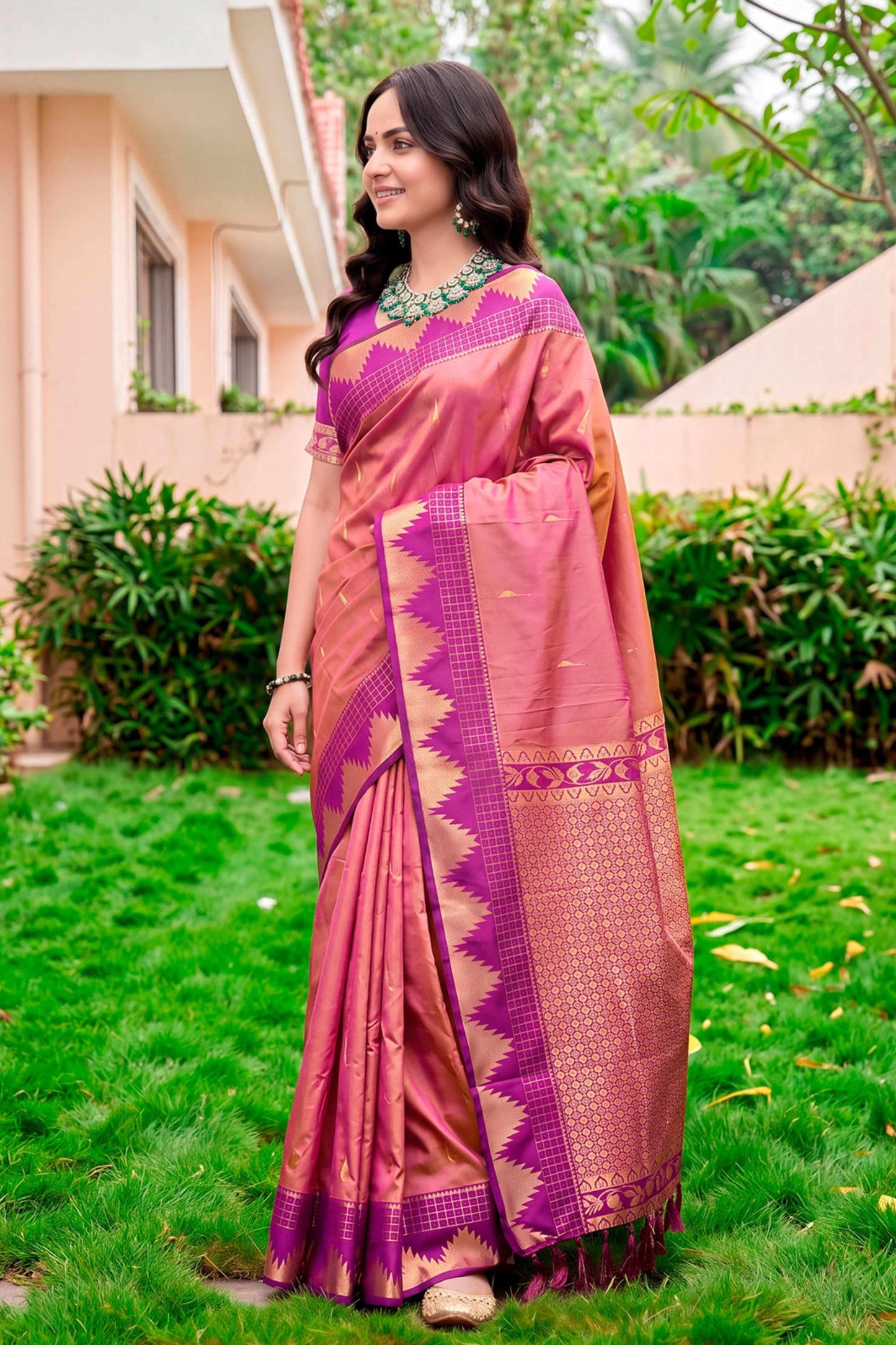 Sangam Prints Rose Pink Silk Woven Work Traditional Saree - Dista