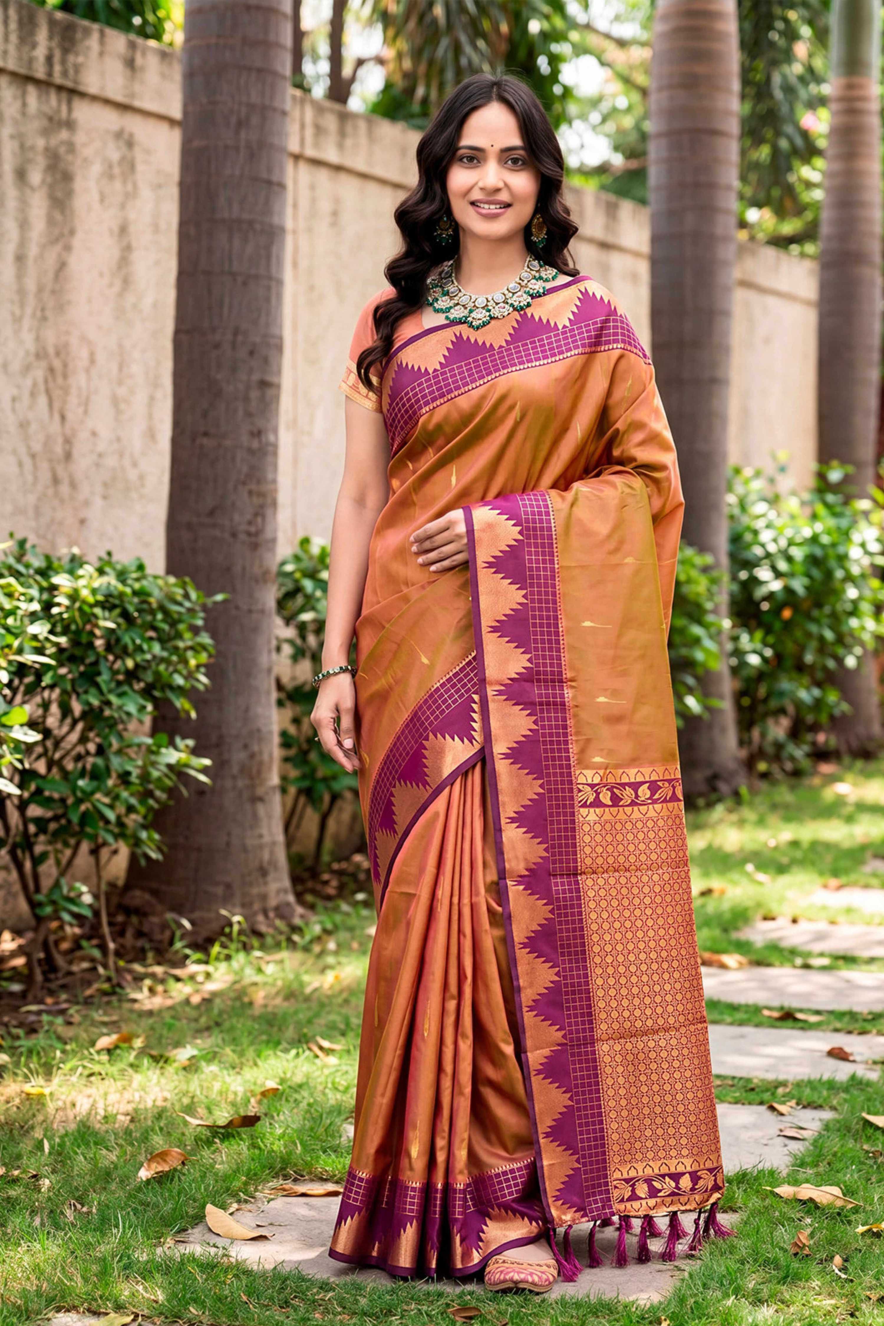 Sangam Prints Copper Brown Silk Woven Work Traditional Saree - Dista