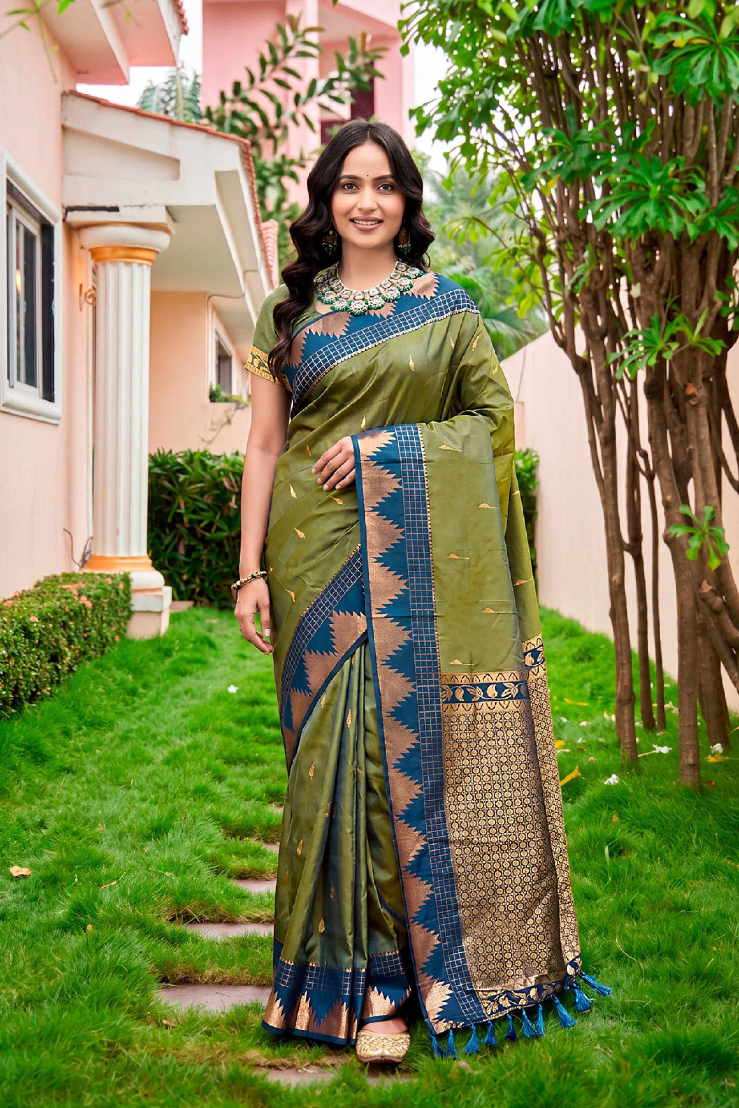 Sangam Prints Olive Green Silk Woven Work Traditional Saree - Dista