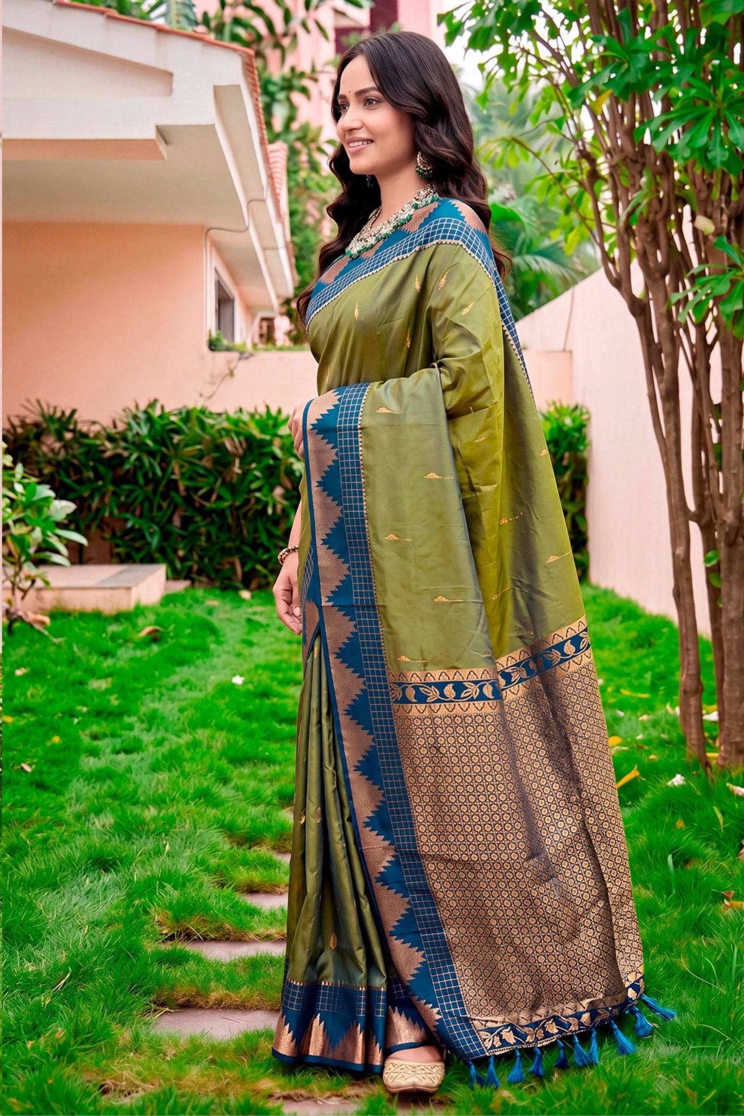 Sangam Prints Olive Green Silk Woven Work Traditional Saree - Dista