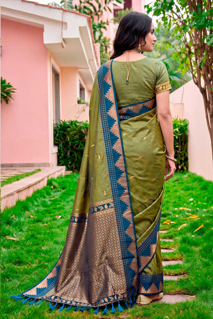 Sangam Prints Olive Green Silk Woven Work Traditional Saree - Dista
