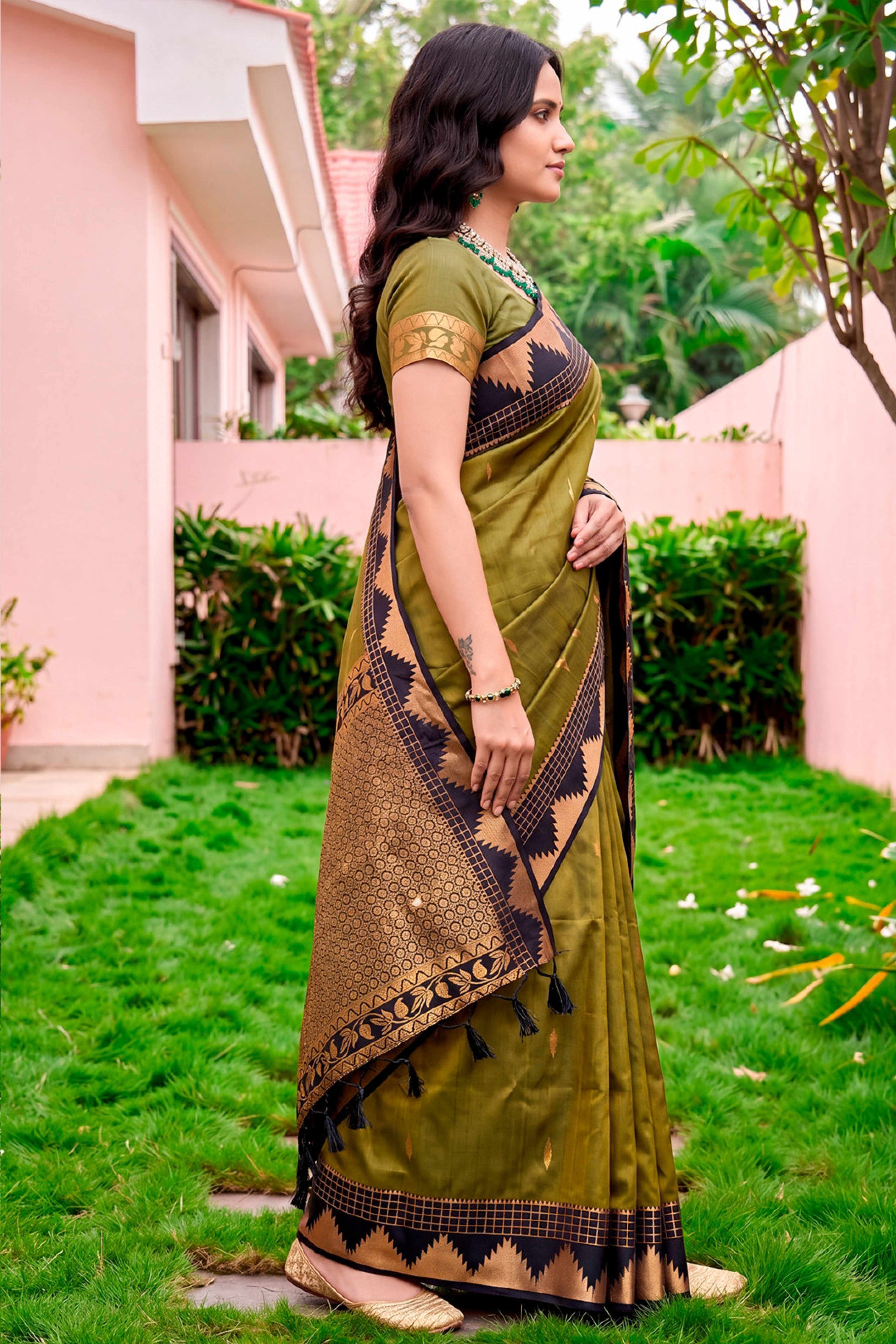 Sangam Prints Dark Olive Green Silk Woven Work Traditional Saree - Dista