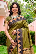 Thumbnail for Sangam Prints Dark Olive Green Silk Woven Work Traditional Saree - Dista