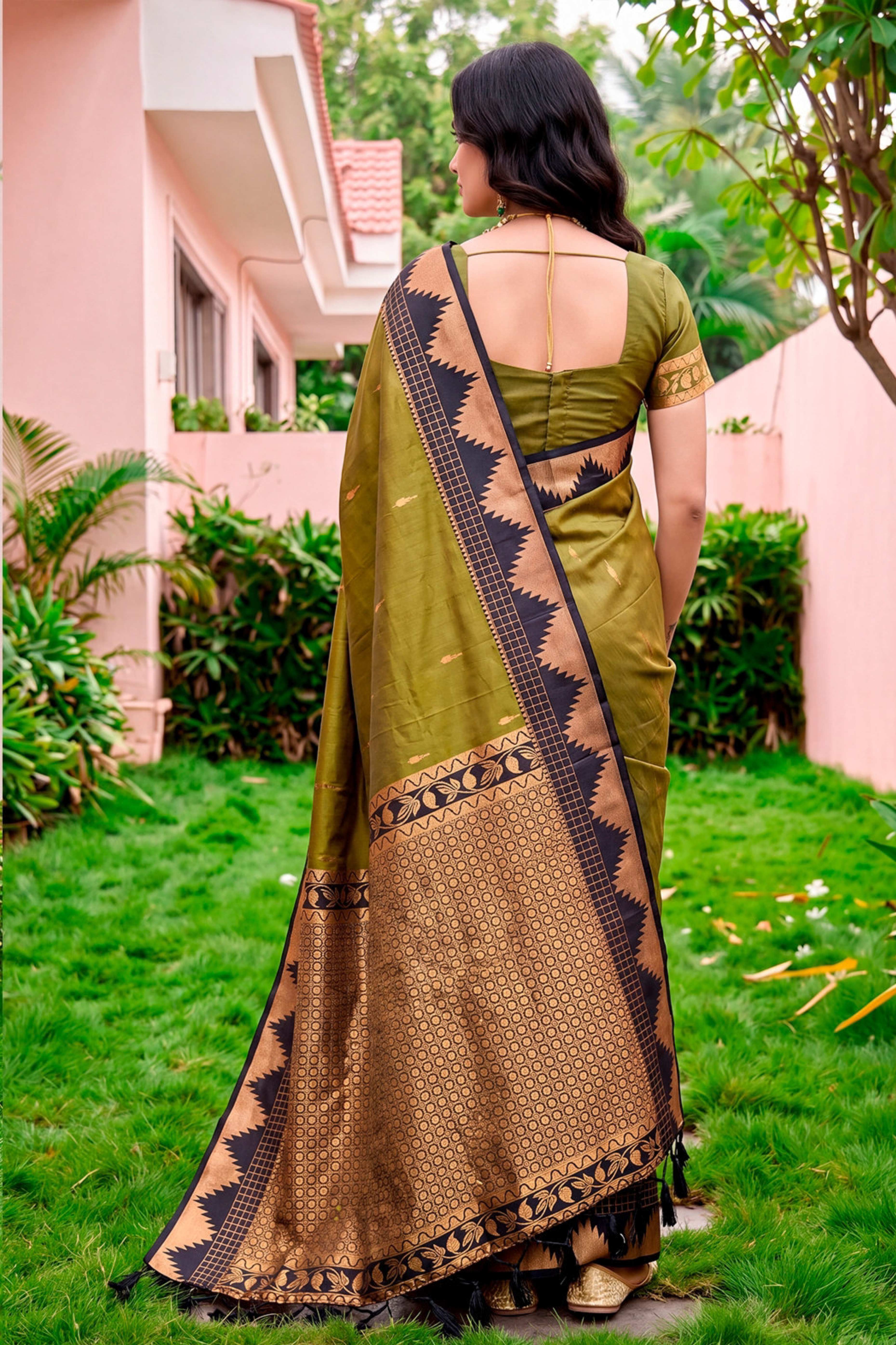 Sangam Prints Dark Olive Green Silk Woven Work Traditional Saree - Dista