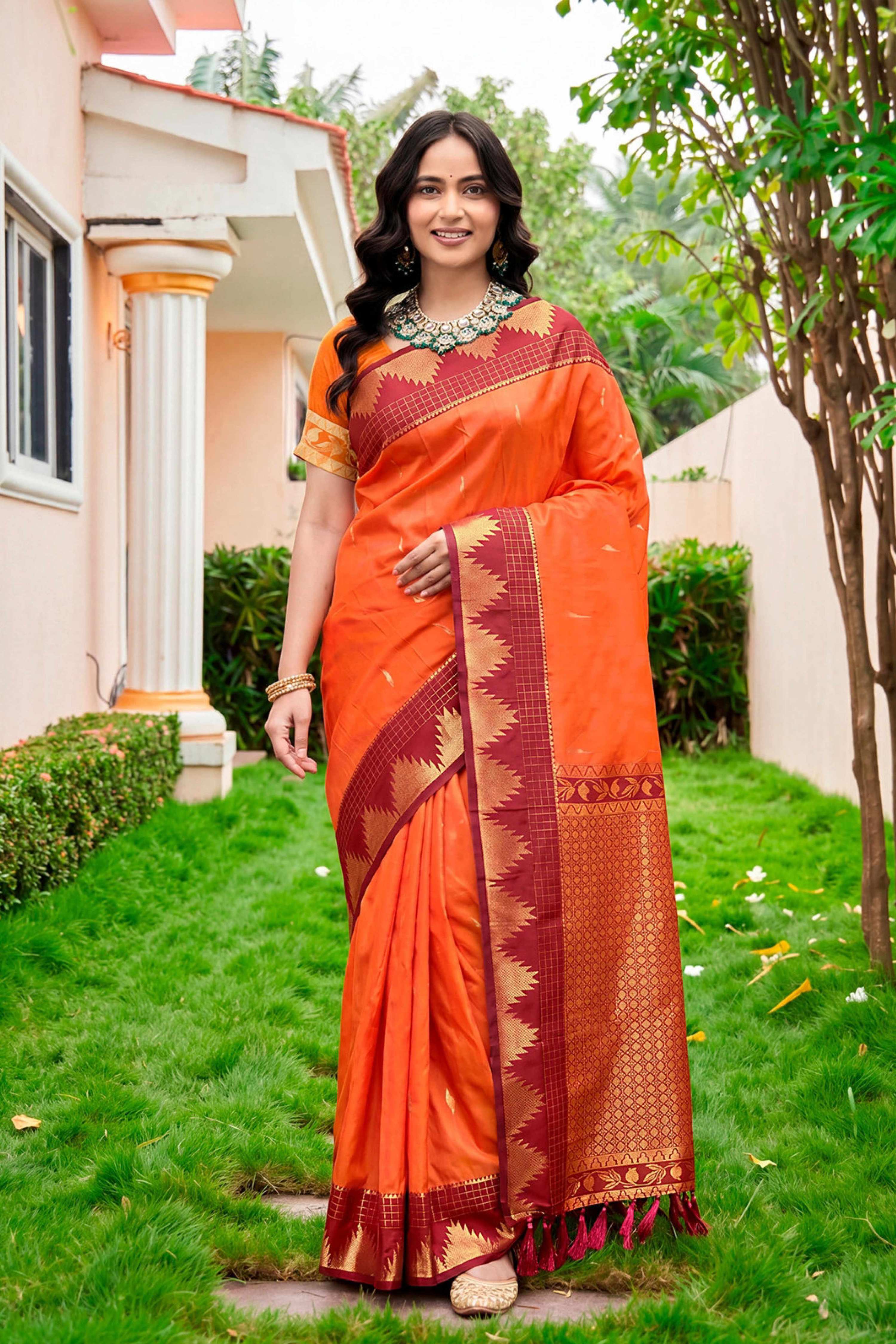 Sangam Prints Bright Orange Silk Woven Work Traditional Saree - Dista