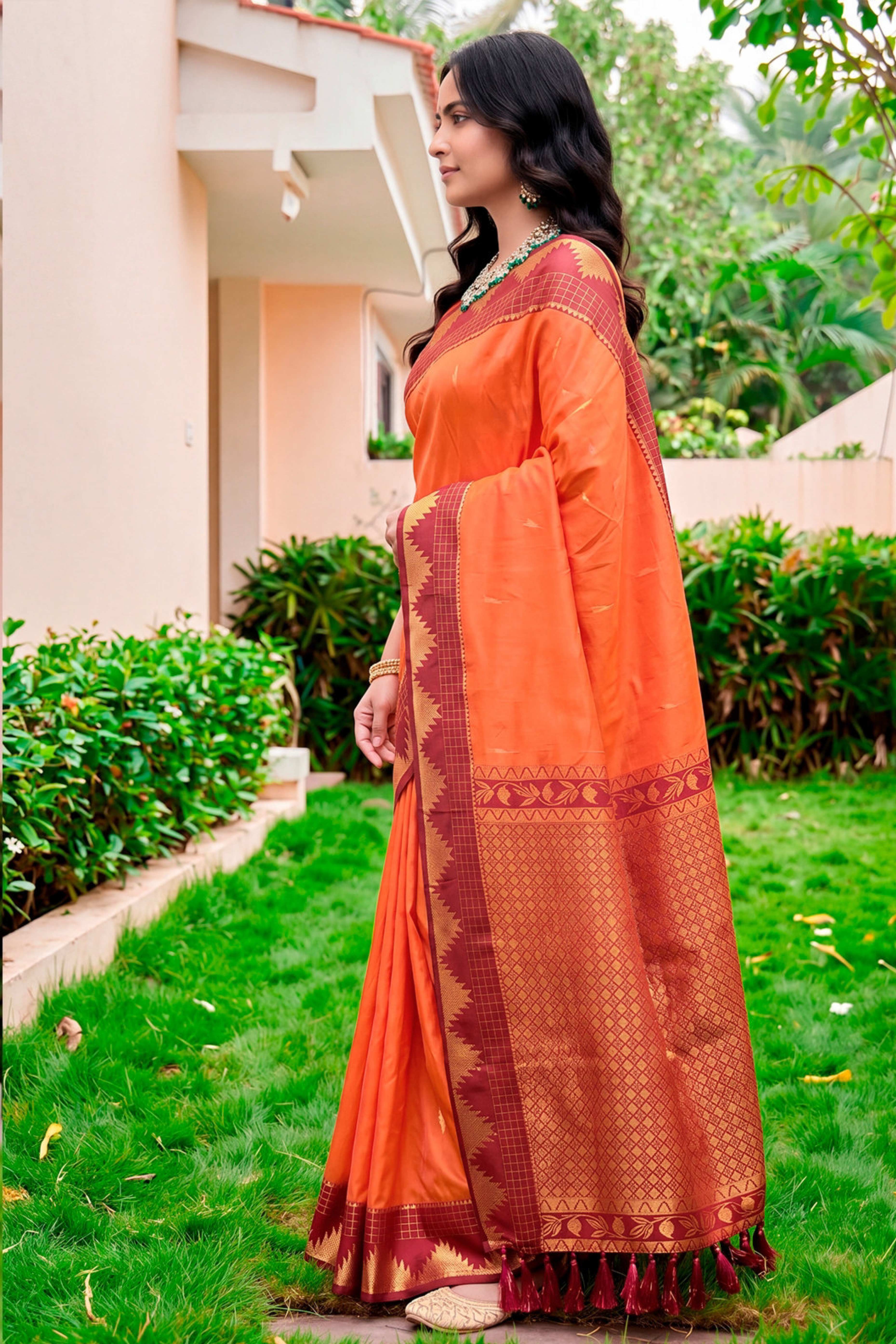 Sangam Prints Bright Orange Silk Woven Work Traditional Saree - Dista