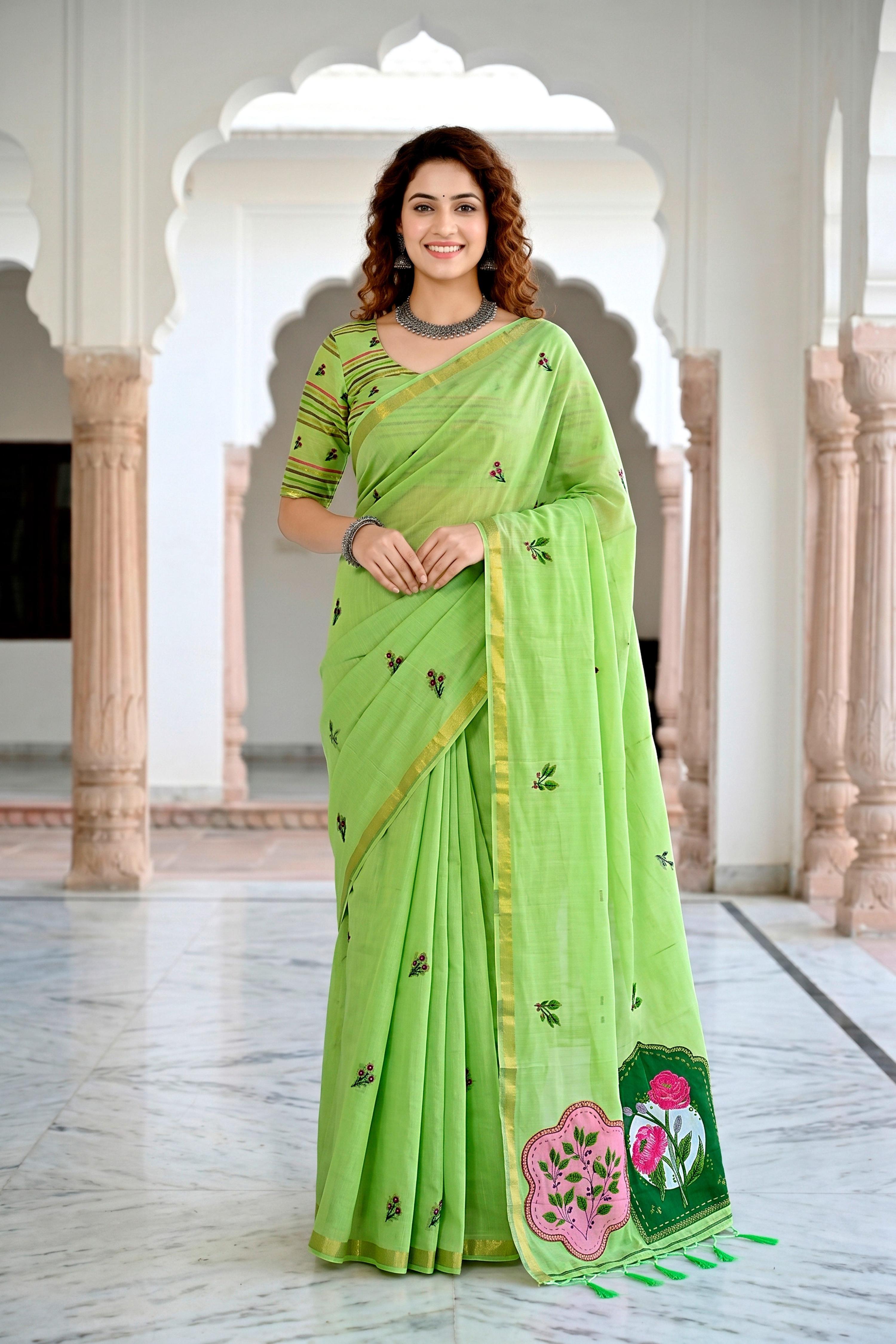 Sangam Prints Parrot Green Cotton Blend Woven Work Traditional Saree - Dista