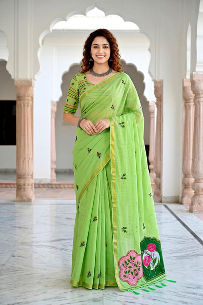 Sangam Prints Parrot Green Cotton Blend Woven Work Traditional Saree - Dista