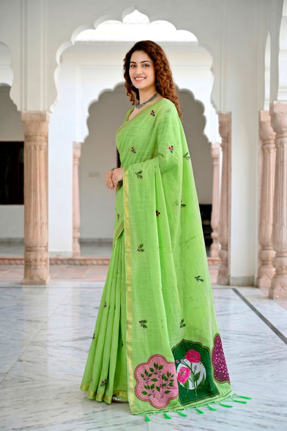 Sangam Prints Parrot Green Cotton Blend Woven Work Traditional Saree - Dista