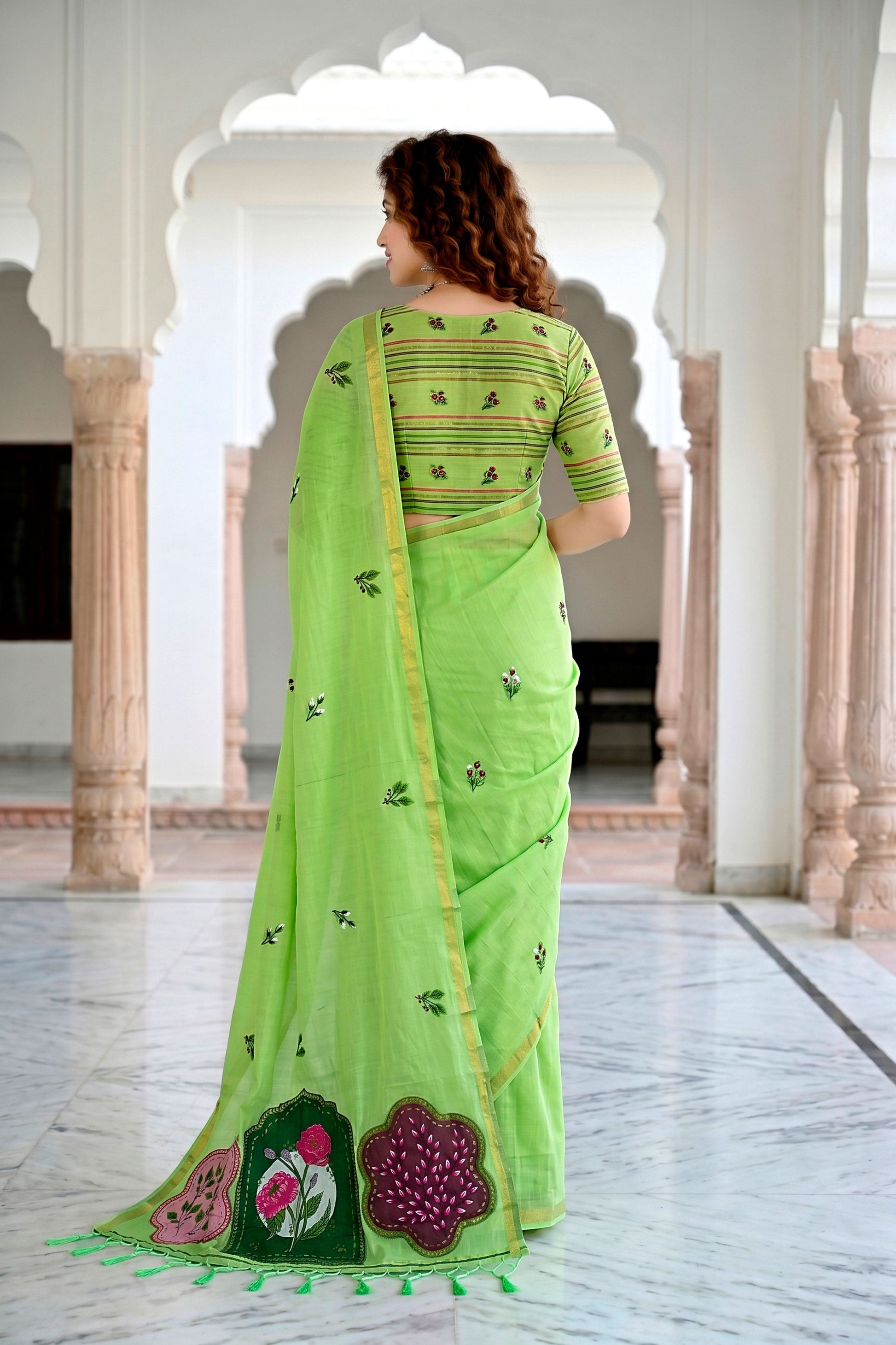 Sangam Prints Parrot Green Cotton Blend Woven Work Traditional Saree - Dista