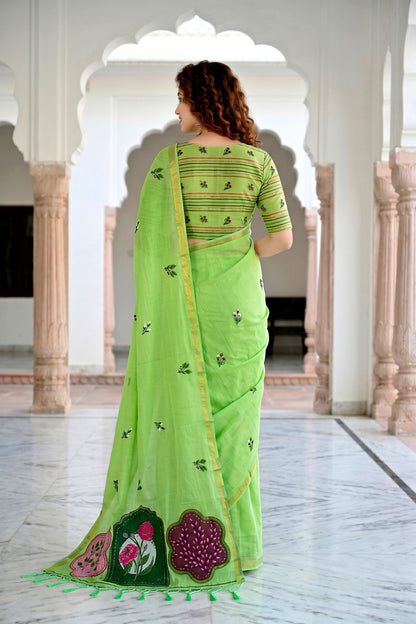 Sangam Prints Parrot Green Cotton Blend Woven Work Traditional Saree - Dista