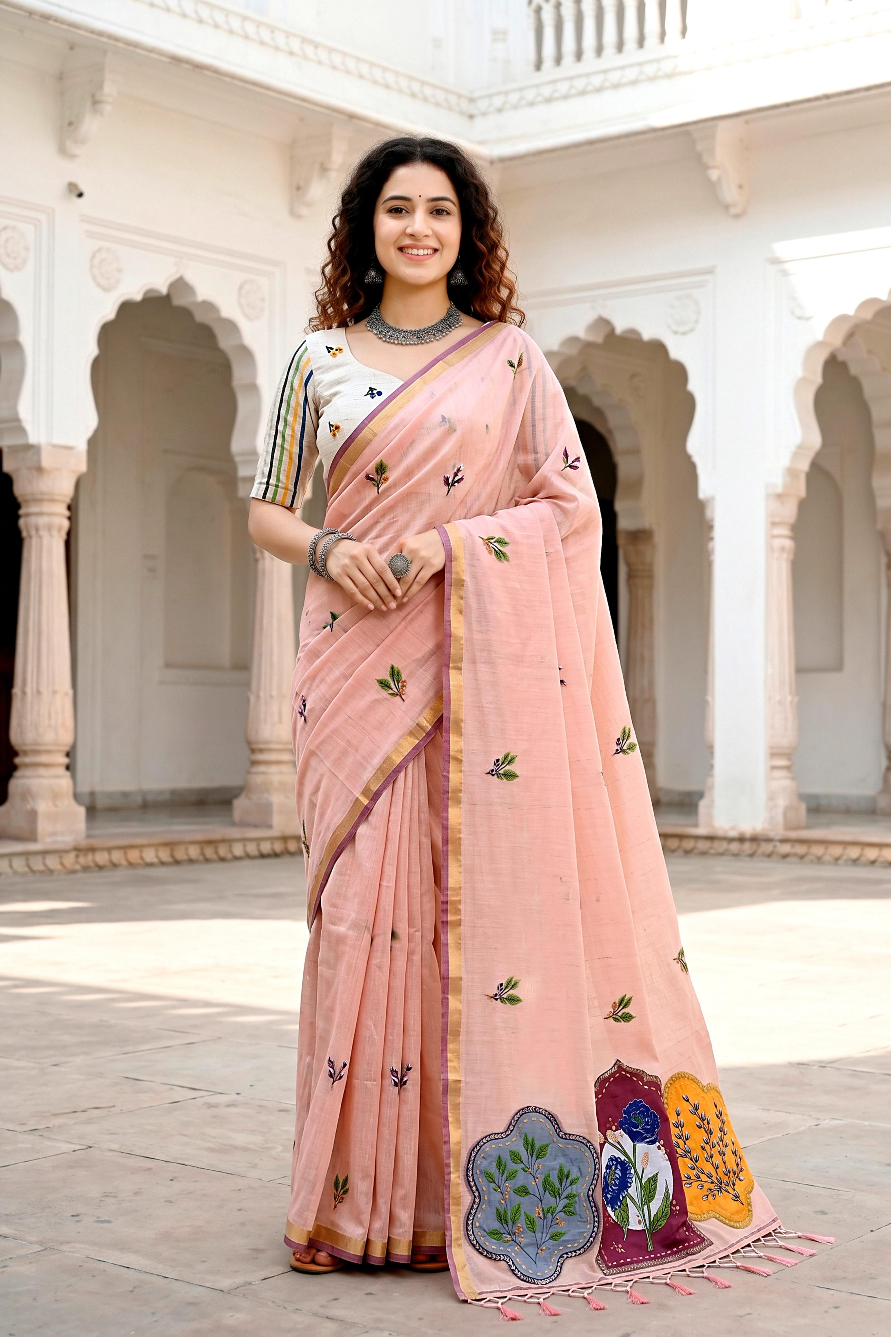 Sangam Prints Peach Cotton Blend Woven Work Traditional Saree - Dista