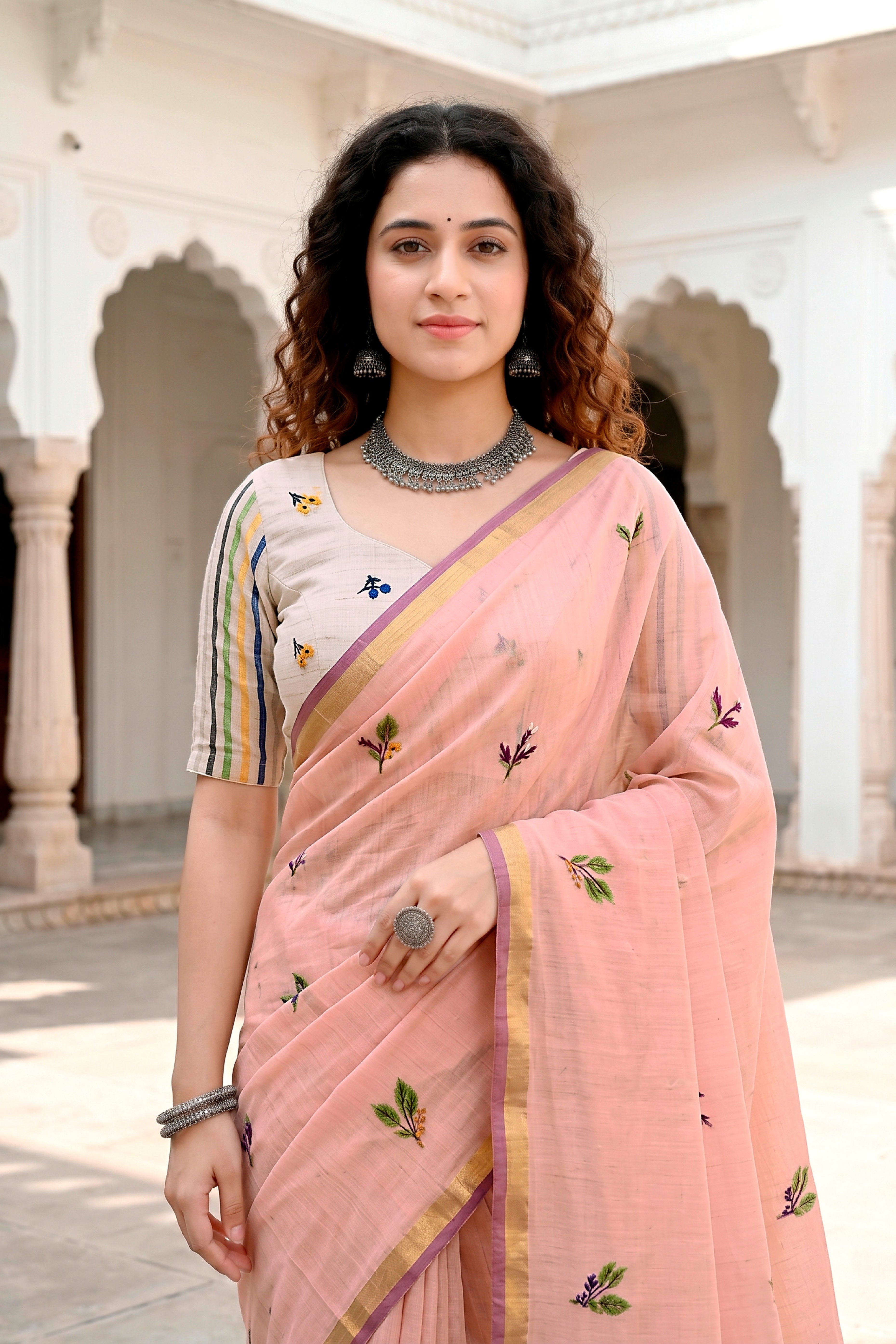 Sangam Prints Peach Cotton Blend Woven Work Traditional Saree - Dista