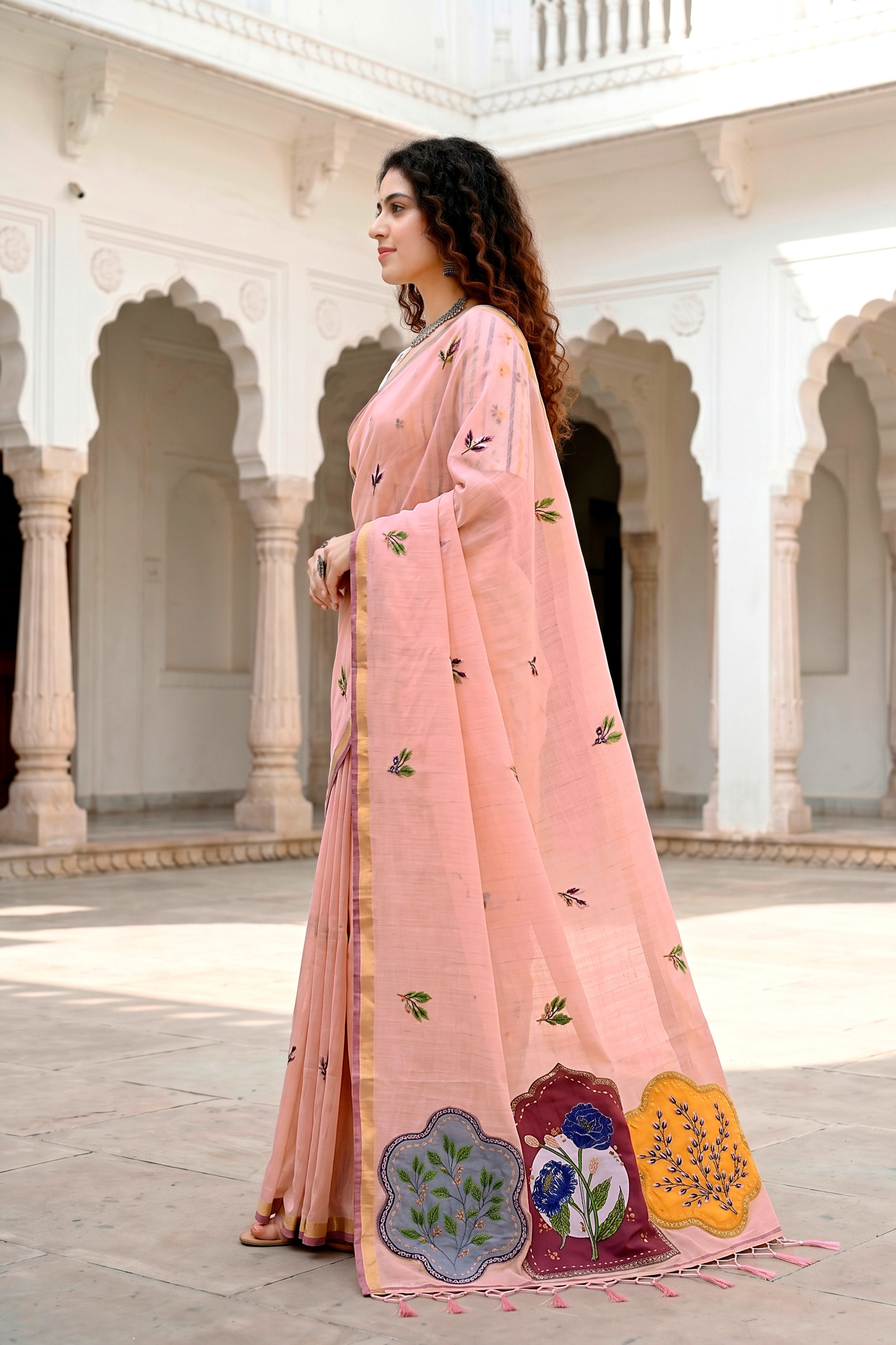 Sangam Prints Peach Cotton Blend Woven Work Traditional Saree - Dista