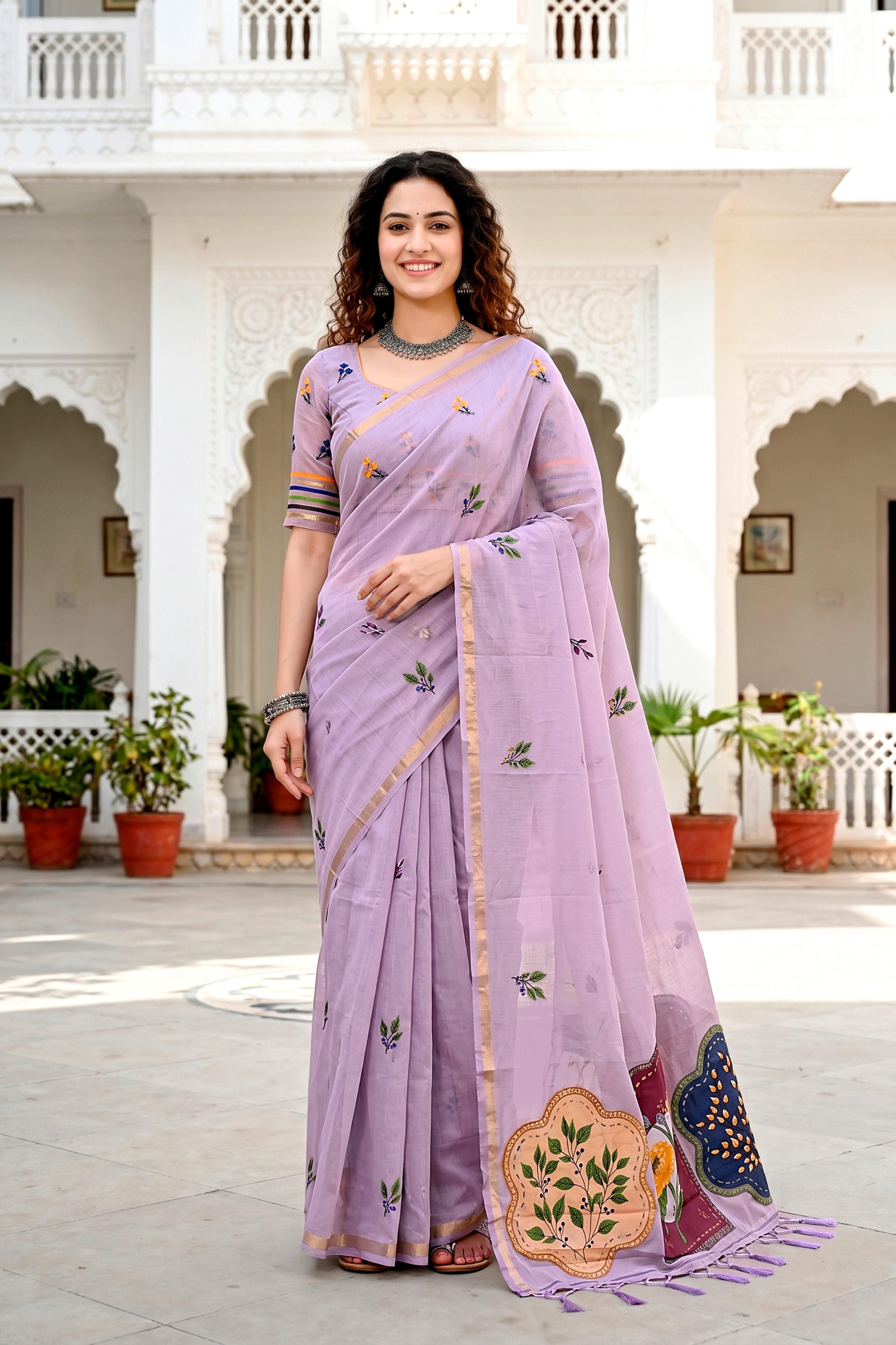 Sangam Prints Lavender Cotton Blend Woven Work Traditional Saree - Dista