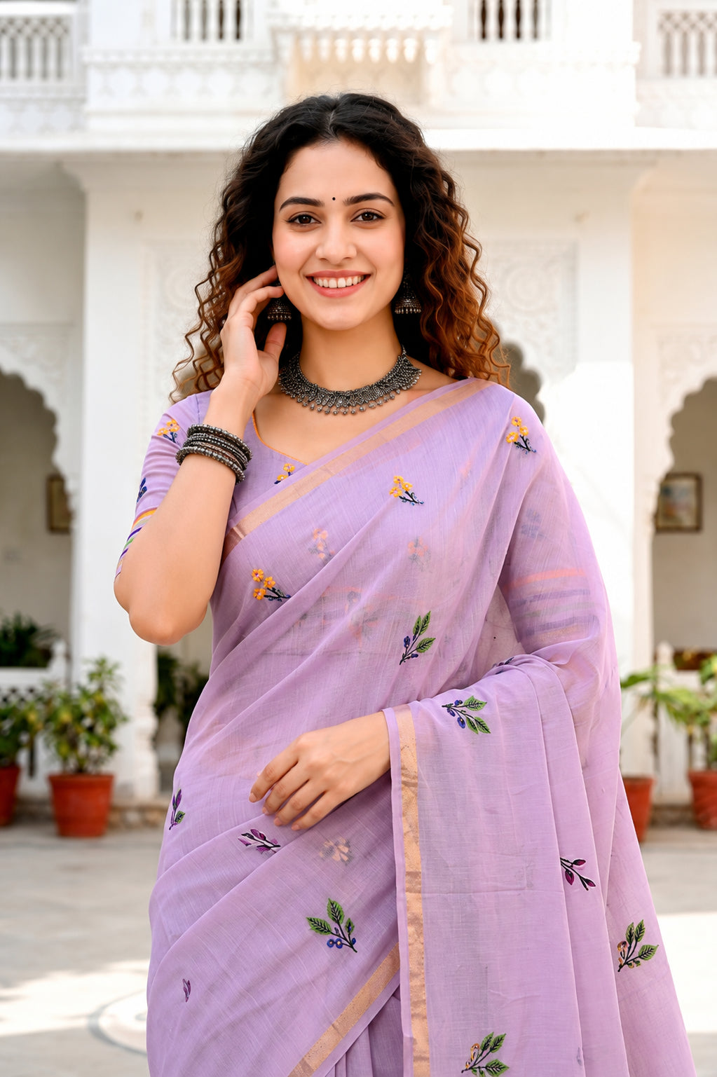 Sangam Prints Lavender Cotton Blend Woven Work Traditional Saree - Dista
