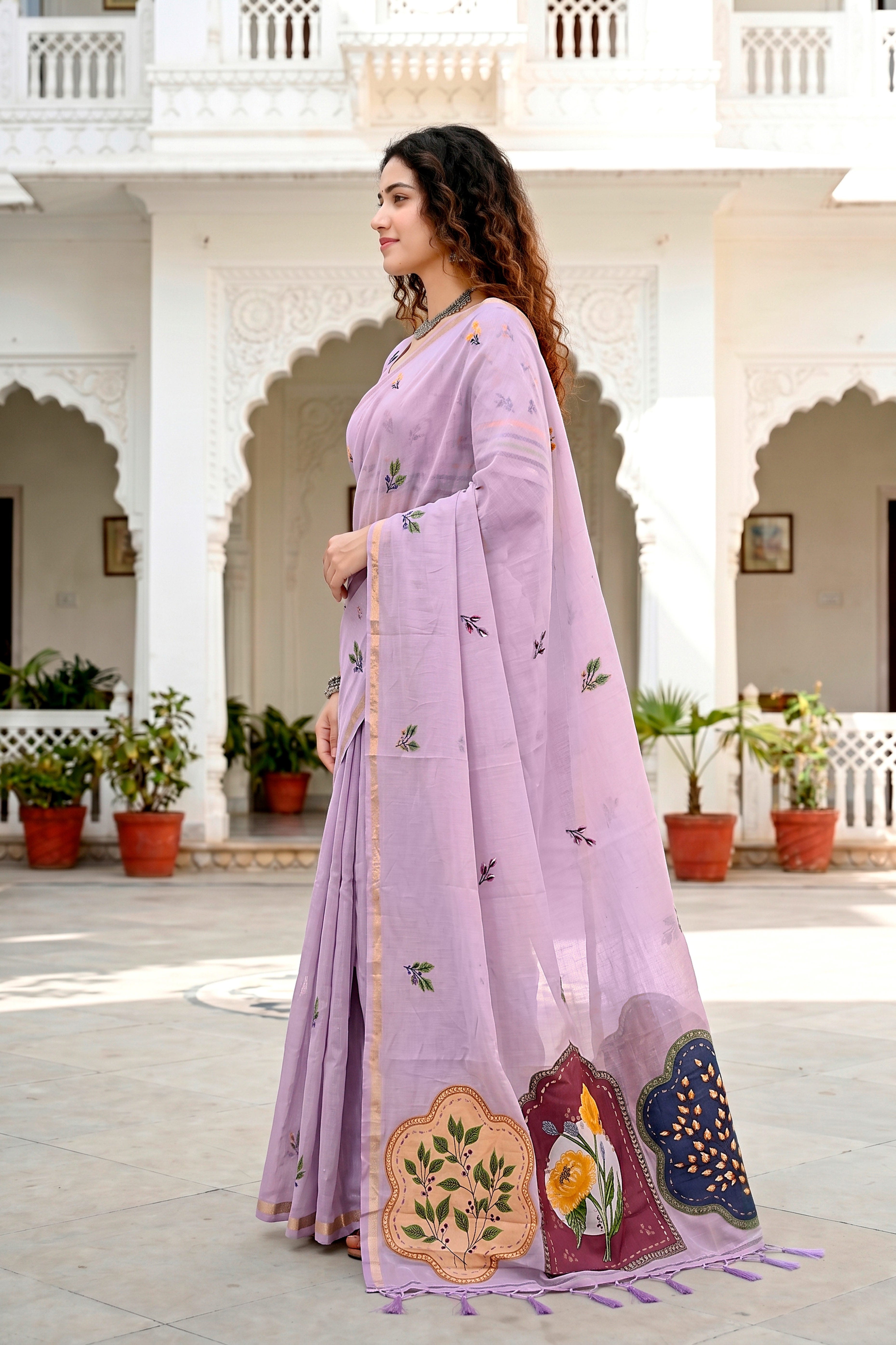 Sangam Prints Lavender Cotton Blend Woven Work Traditional Saree - Dista