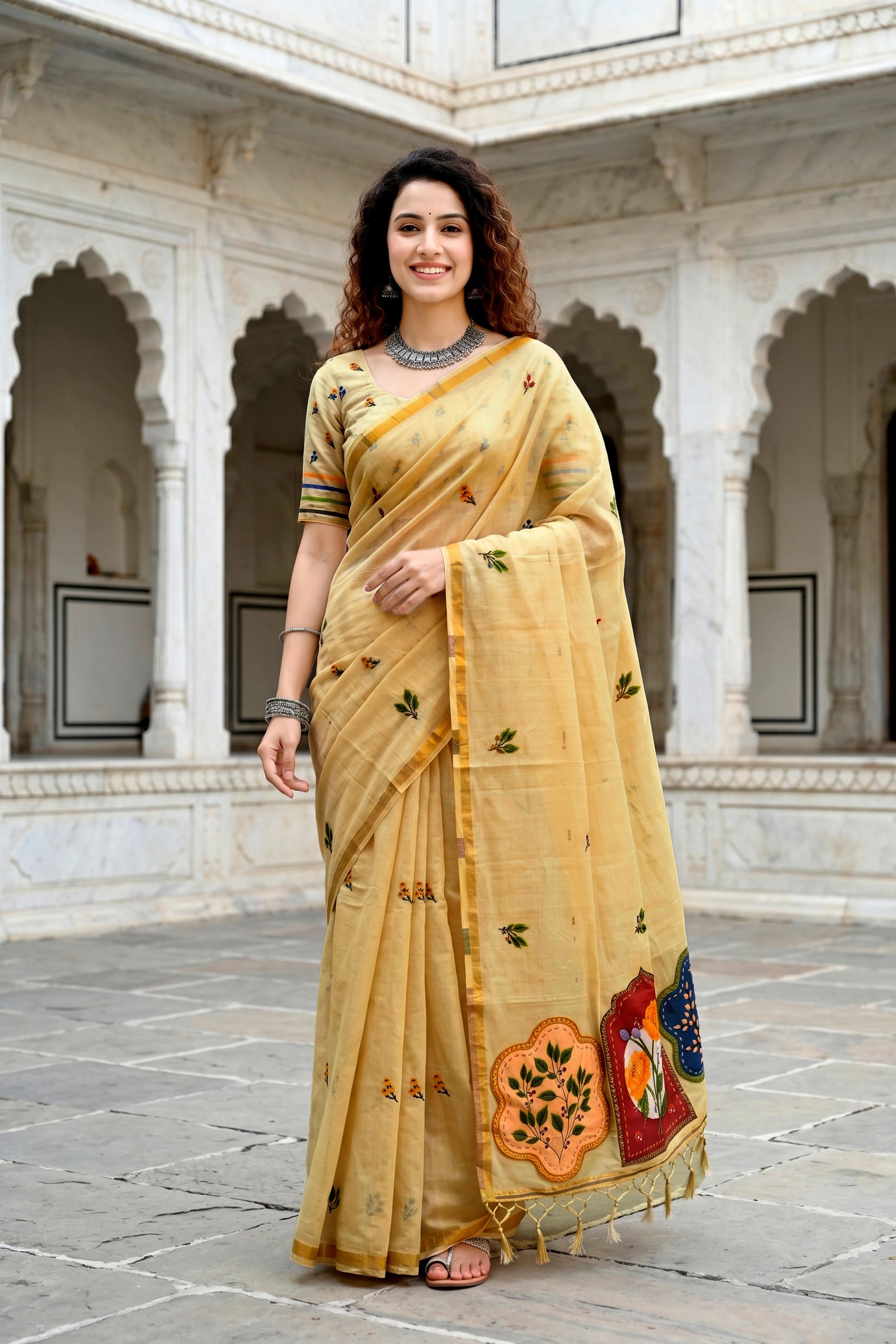 Sangam Prints Mustard Yellow Cotton Blend Woven Work Traditional Saree - Dista