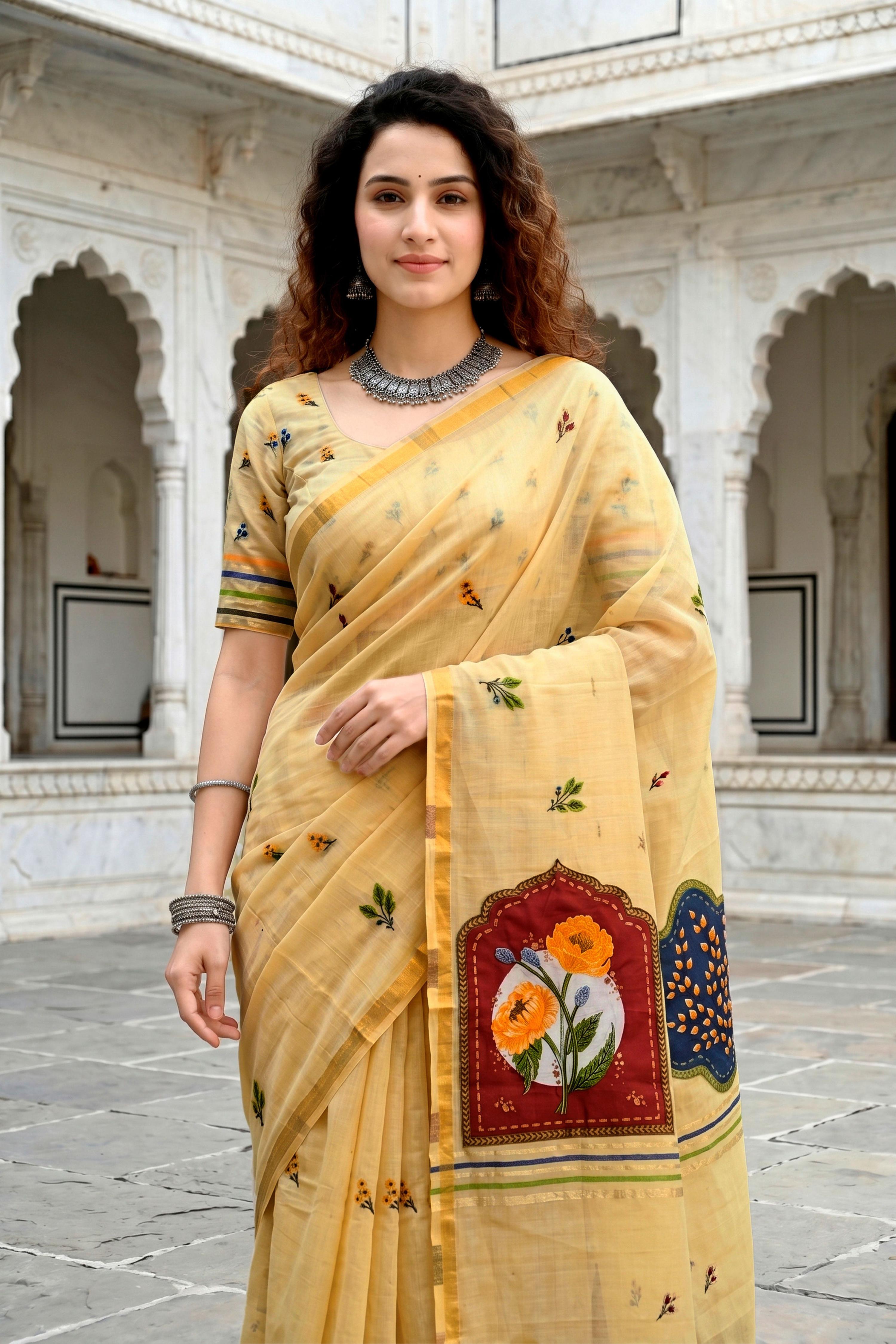 Sangam Prints Mustard Yellow Cotton Blend Woven Work Traditional Saree - Dista
