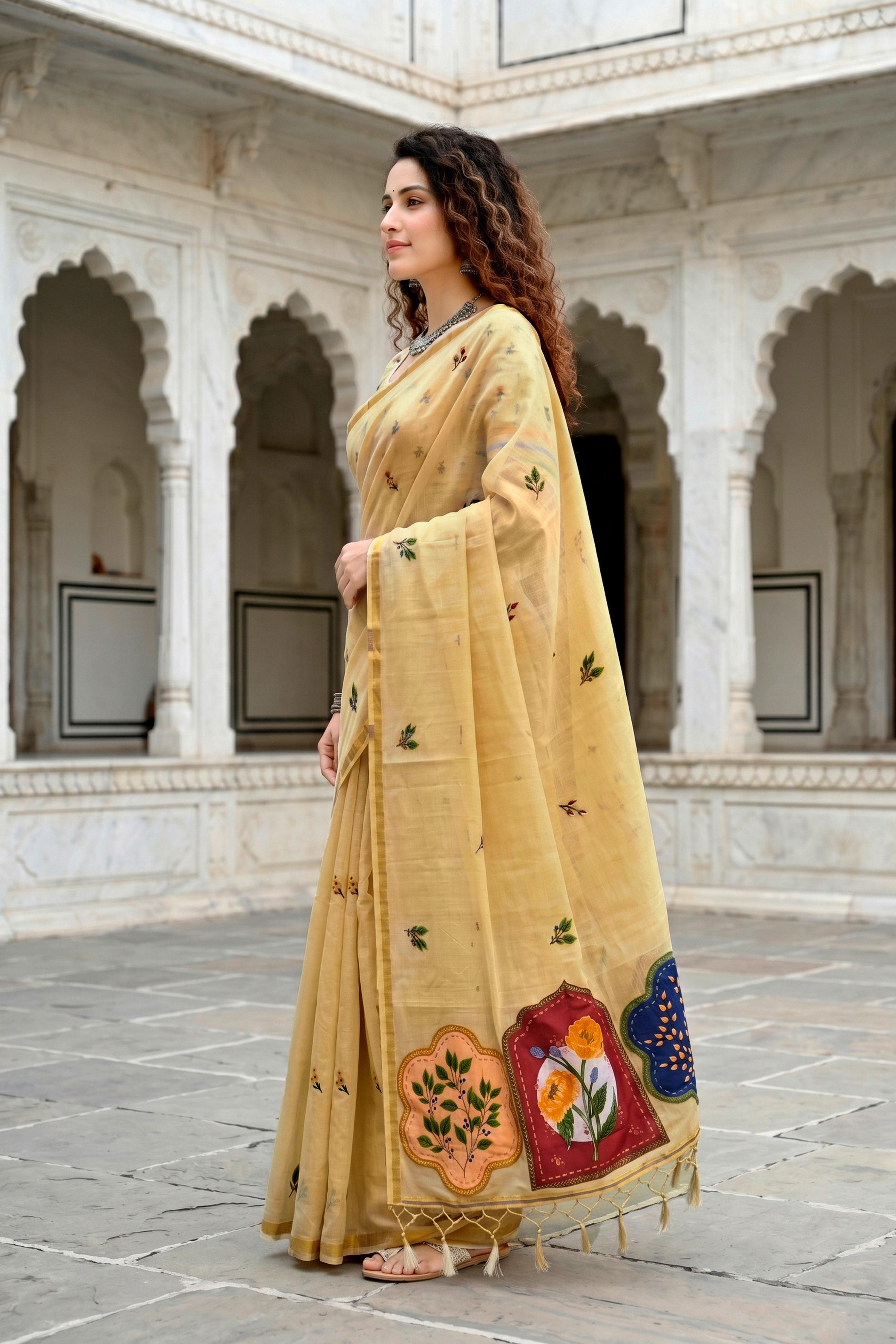 Sangam Prints Mustard Yellow Cotton Blend Woven Work Traditional Saree - Dista