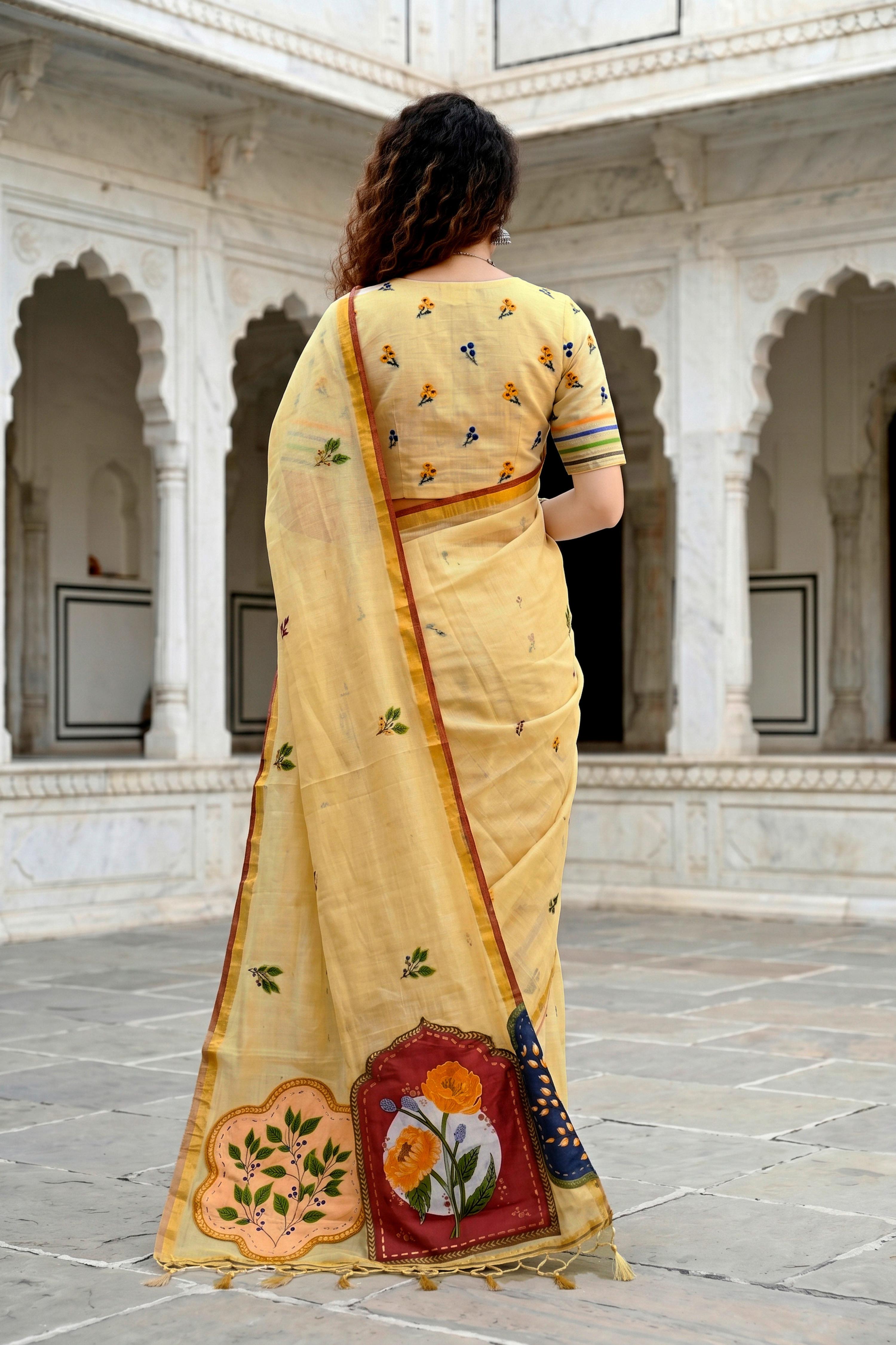 Sangam Prints Mustard Yellow Cotton Blend Woven Work Traditional Saree - Dista