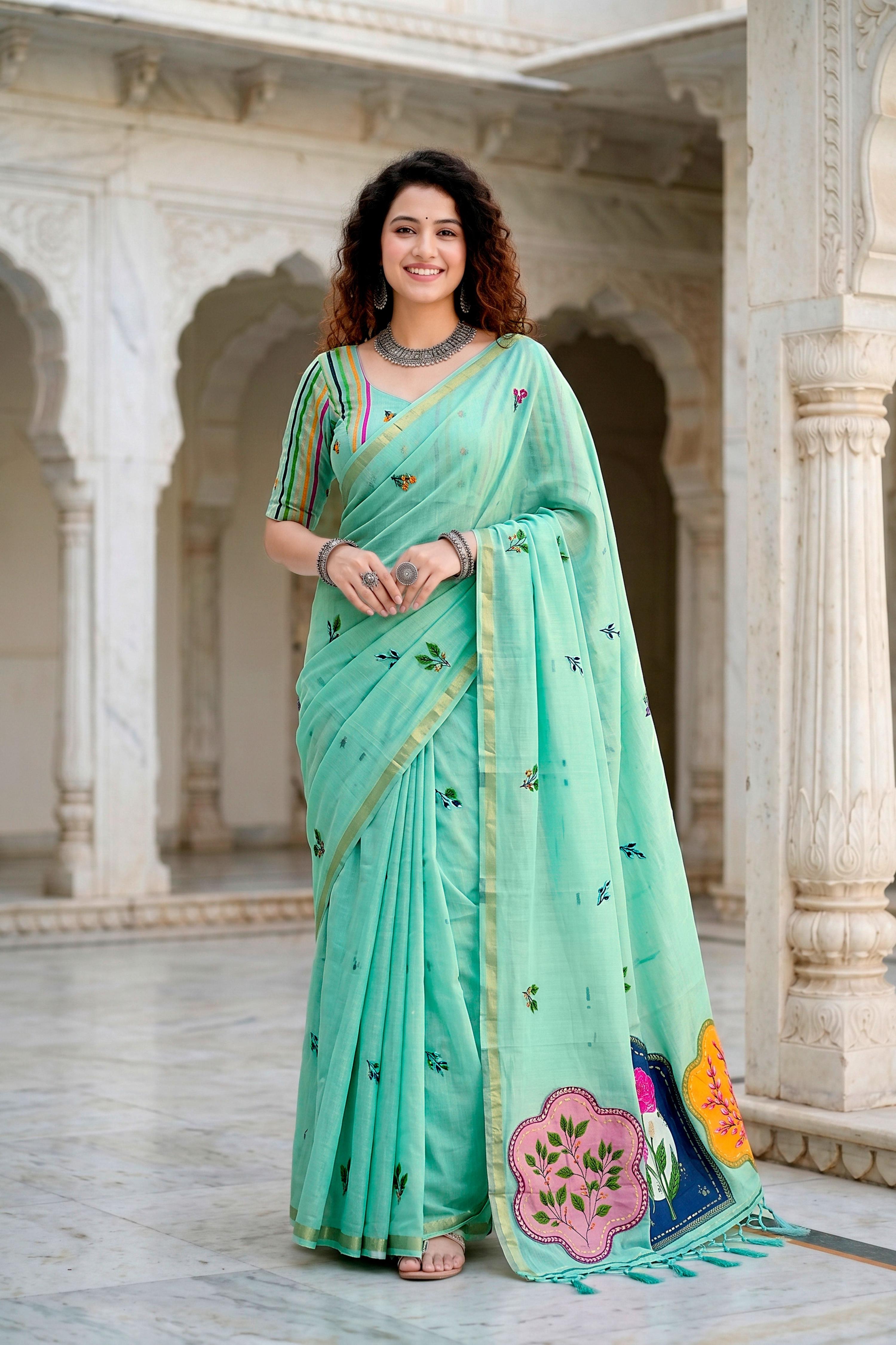 Sangam Prints Aqua Green Cotton Blend Woven Work Traditional Saree - Dista