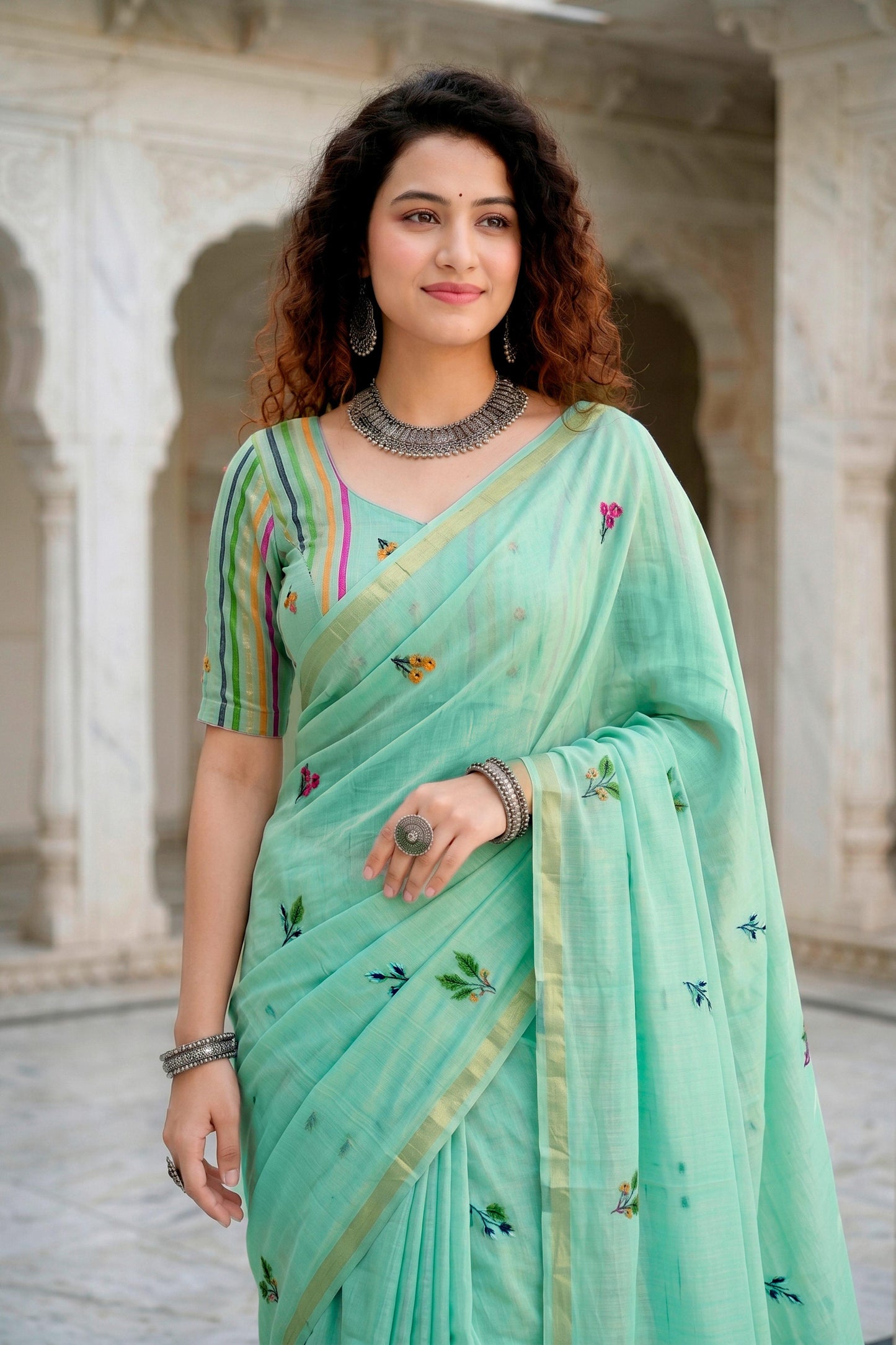Sangam Prints Aqua Green Cotton Blend Woven Work Traditional Saree - Dista