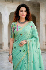 Thumbnail for Sangam Prints Aqua Green Cotton Blend Woven Work Traditional Saree - Dista