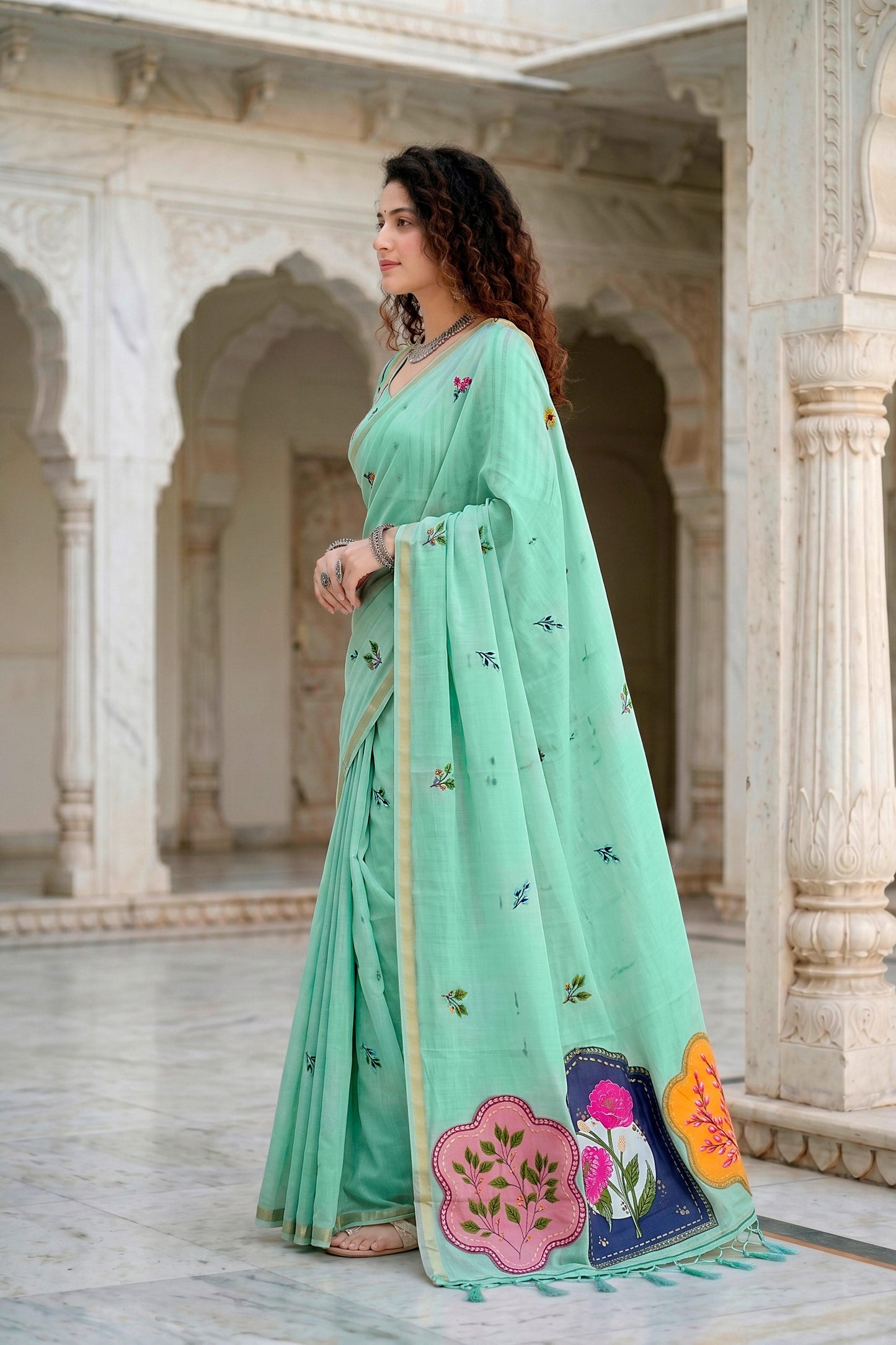 Sangam Prints Aqua Green Cotton Blend Woven Work Traditional Saree - Dista
