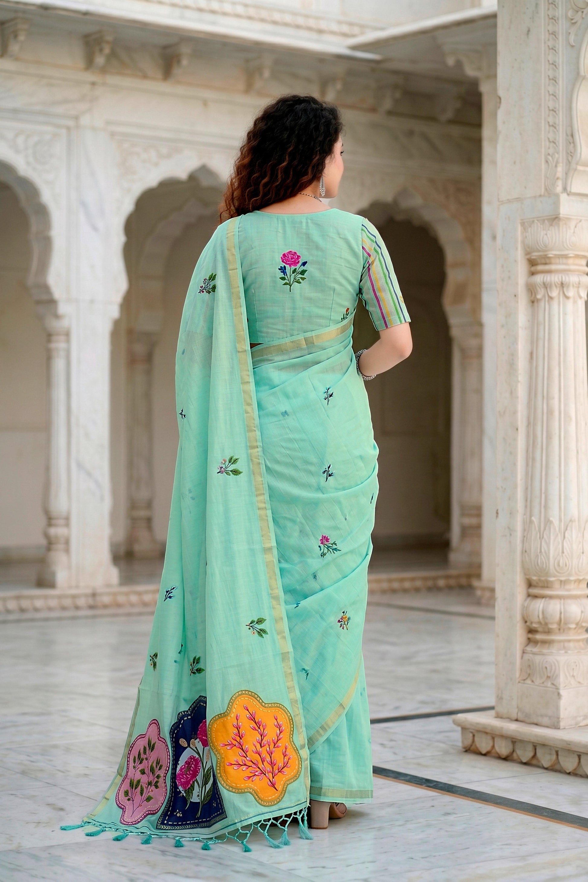 Sangam Prints Aqua Green Cotton Blend Woven Work Traditional Saree - Dista