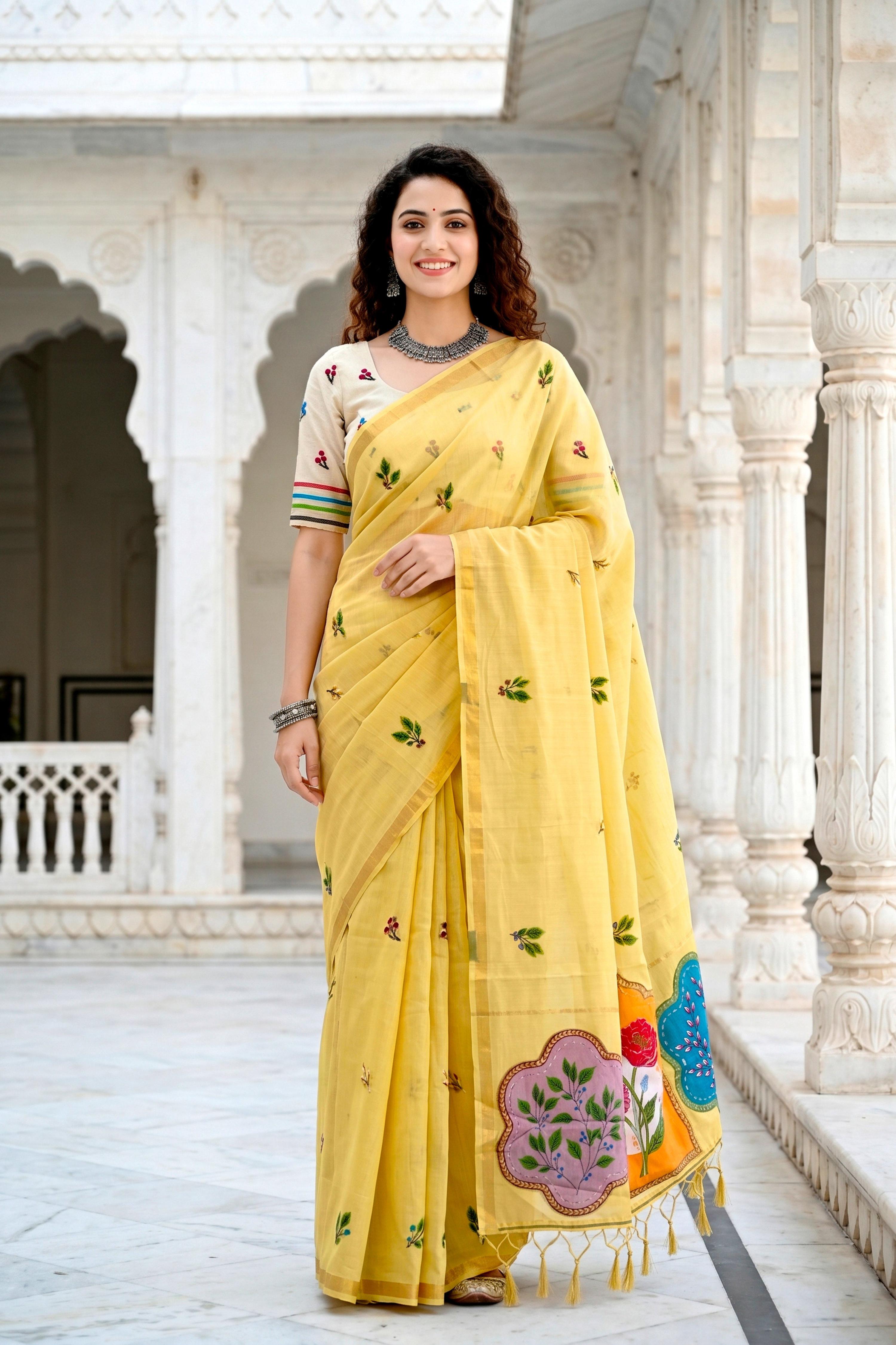 Sangam Prints Lemon Yellow Cotton Blend Woven Work Traditional Saree - Dista
