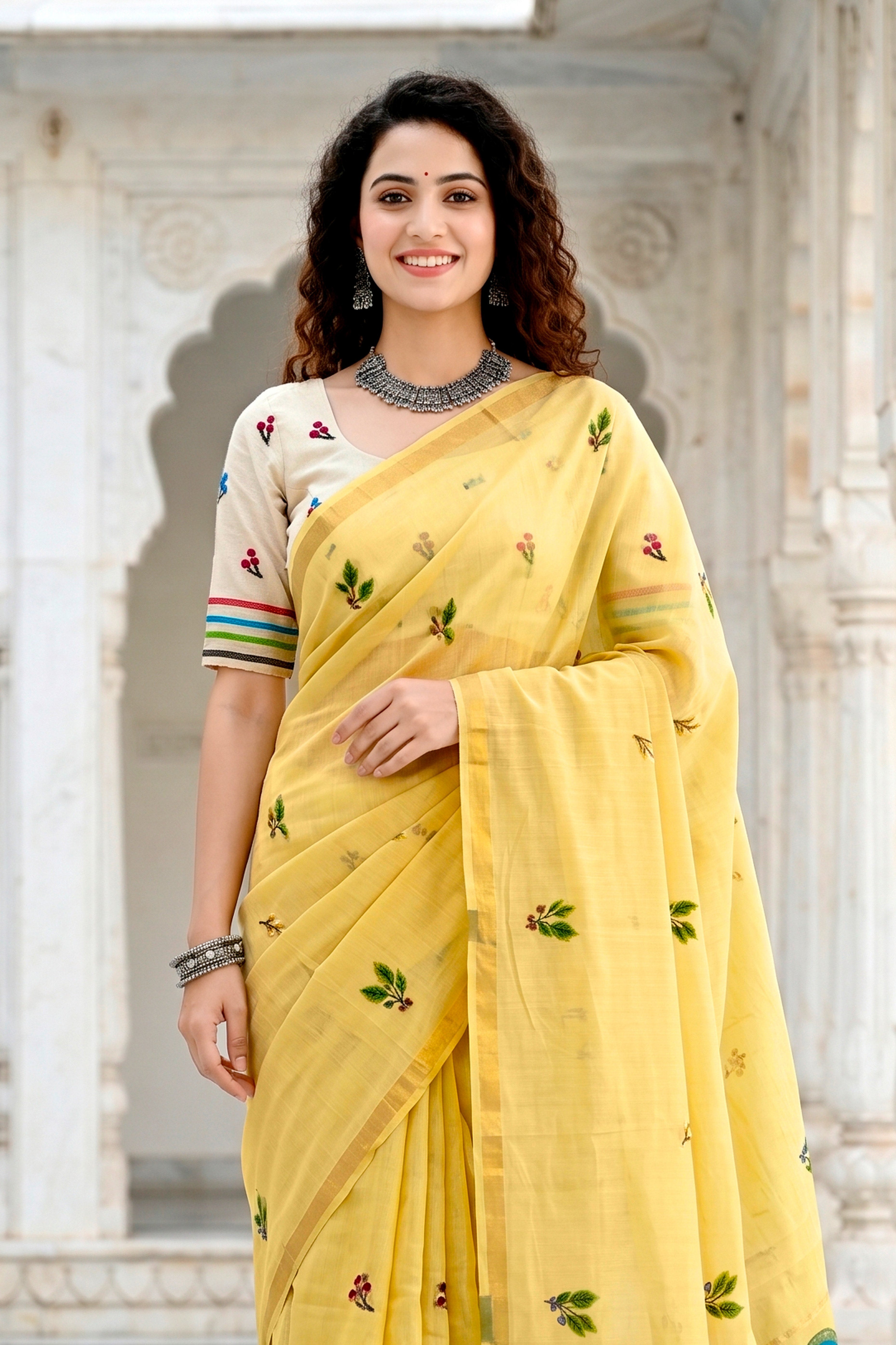 Sangam Prints Lemon Yellow Cotton Blend Woven Work Traditional Saree - Dista