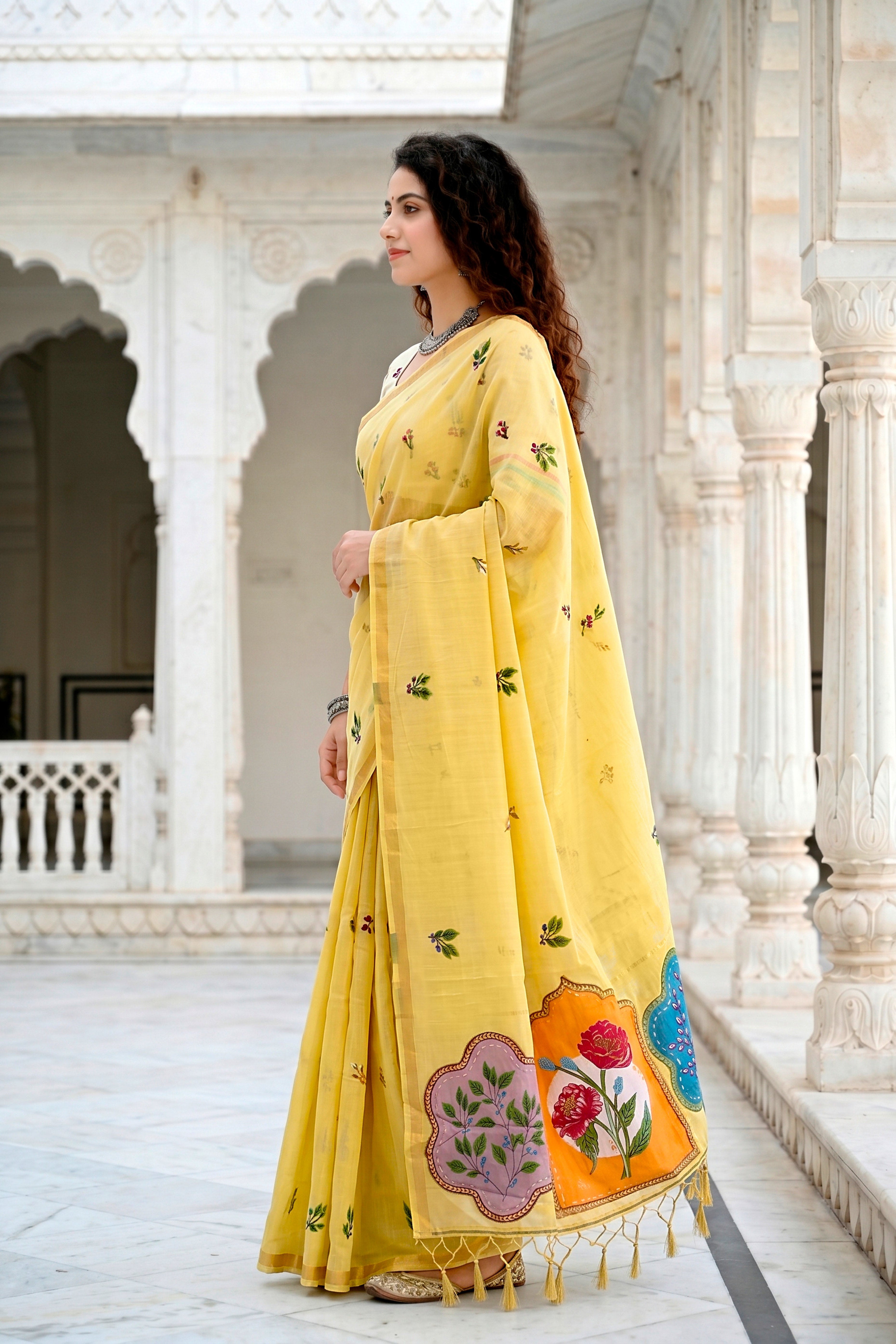 Sangam Prints Lemon Yellow Cotton Blend Woven Work Traditional Saree - Dista